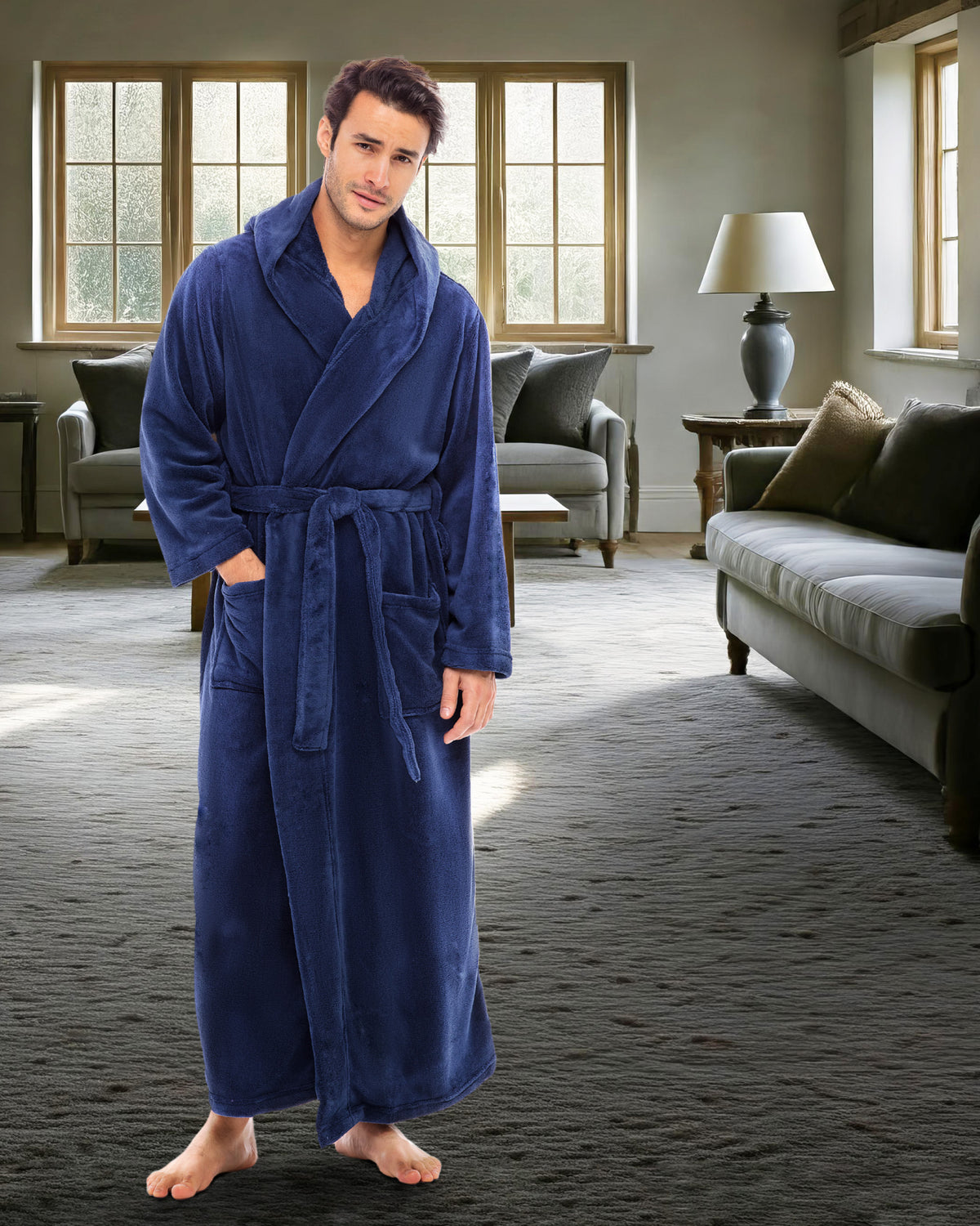 Men's Navy Blue Plush Fleece Hooded Bathrobe, Full Length Long Warm Lounge Robe with Hood