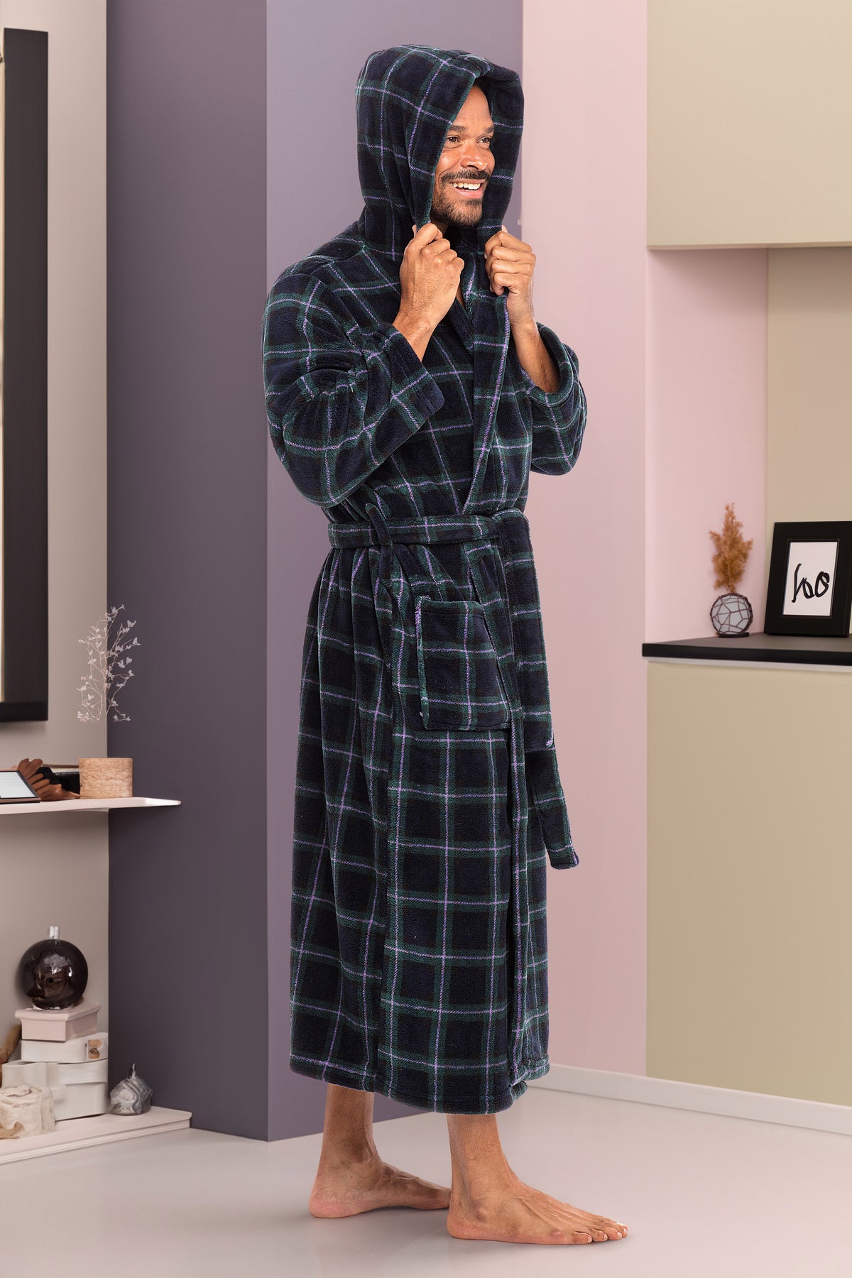 Men's Blue and Green Tartan Plaid Plush Fleece Hooded Bathrobe, Full Length Long Warm Lounge Robe with Hood