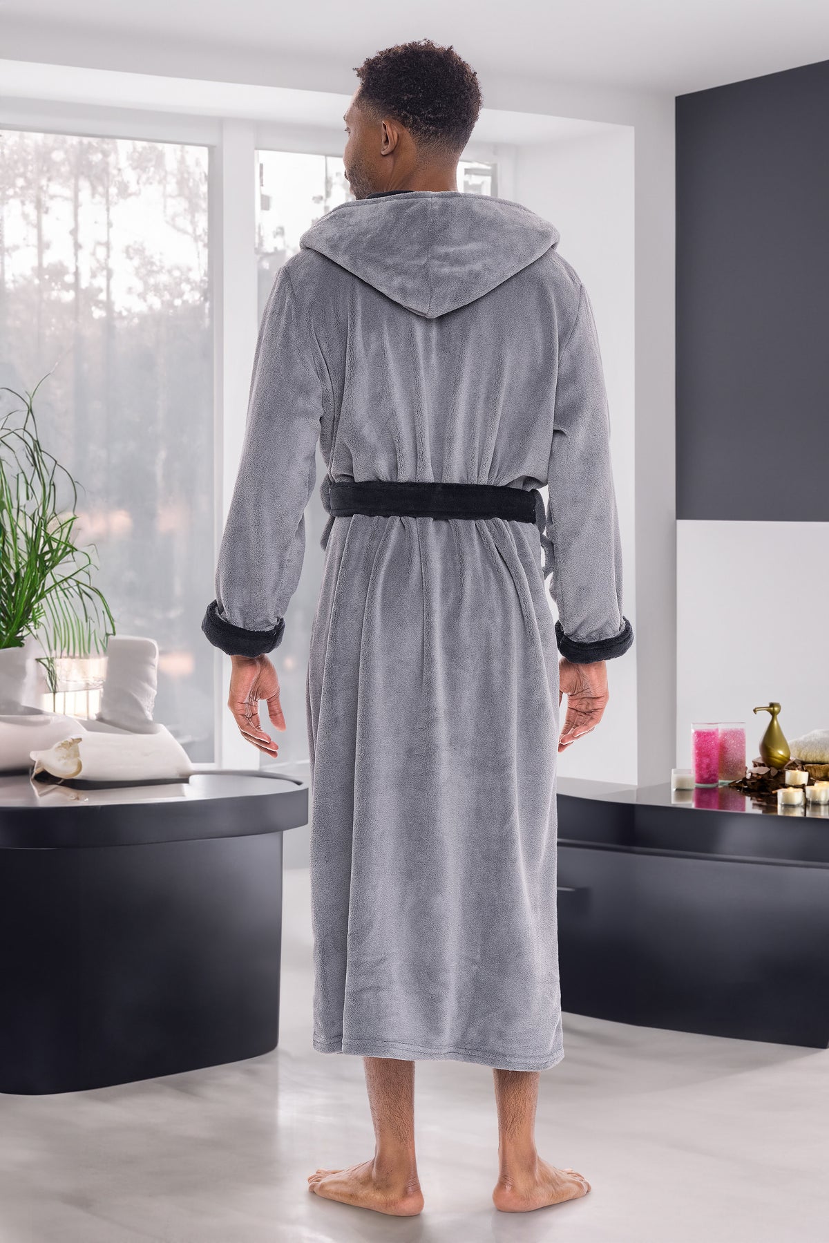 Men's Steel Gray with Black Plush Fleece Hooded Bathrobe, Full Length Long Warm Lounge Robe with Hood