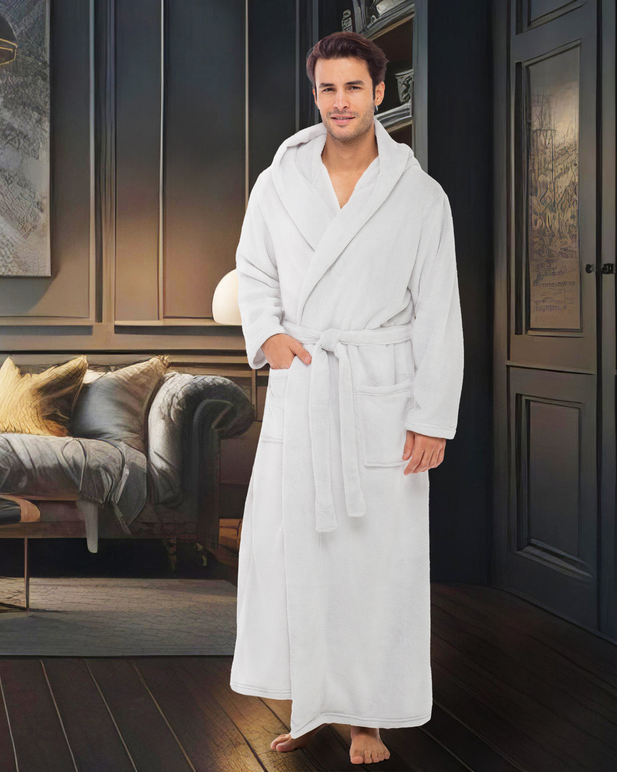 Men's White Plush Fleece Hooded Bathrobe, Full Length Long Warm Lounge Robe with Hood