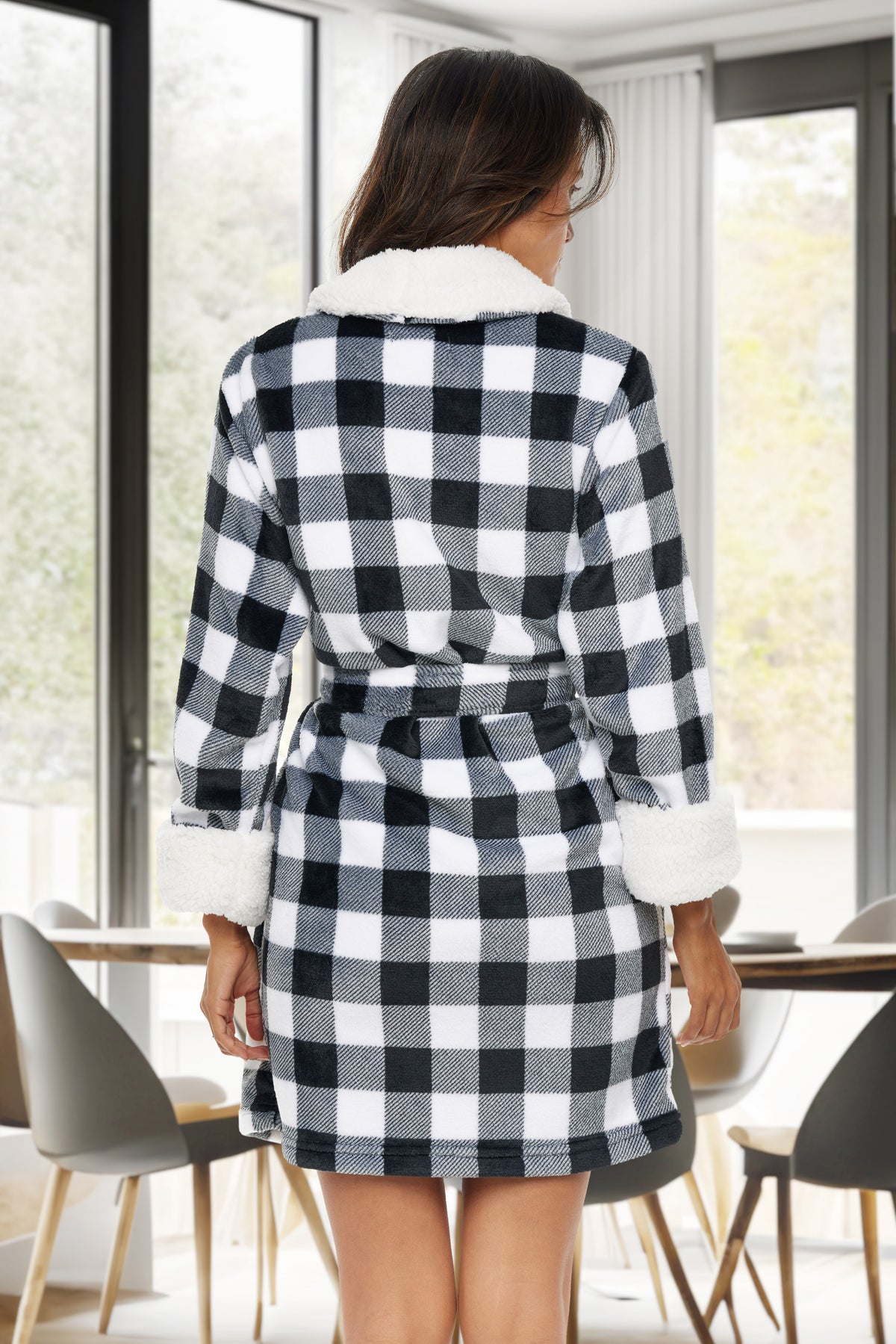 Women's Buffalo Check White Black Plaid Classic Plush Robe, Short Fleece Bathrobe Solids