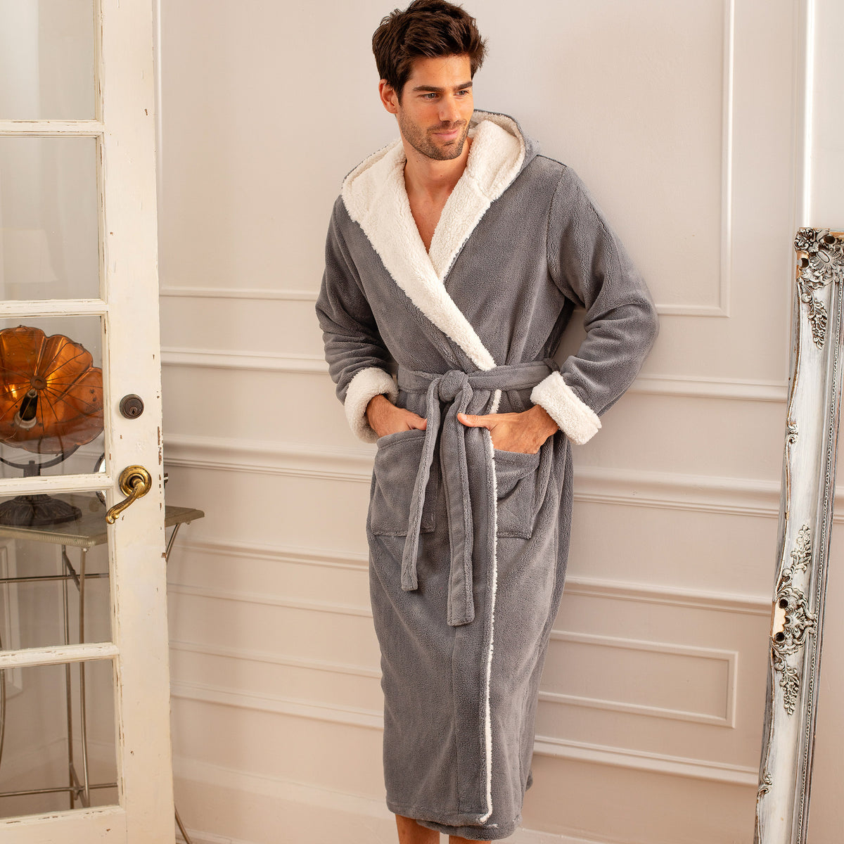 Men's Steel Gray with Cream Long Hooded Sherpa Robe, Hooded Big and Tall Plush Fleece Hoodie Bathrobe