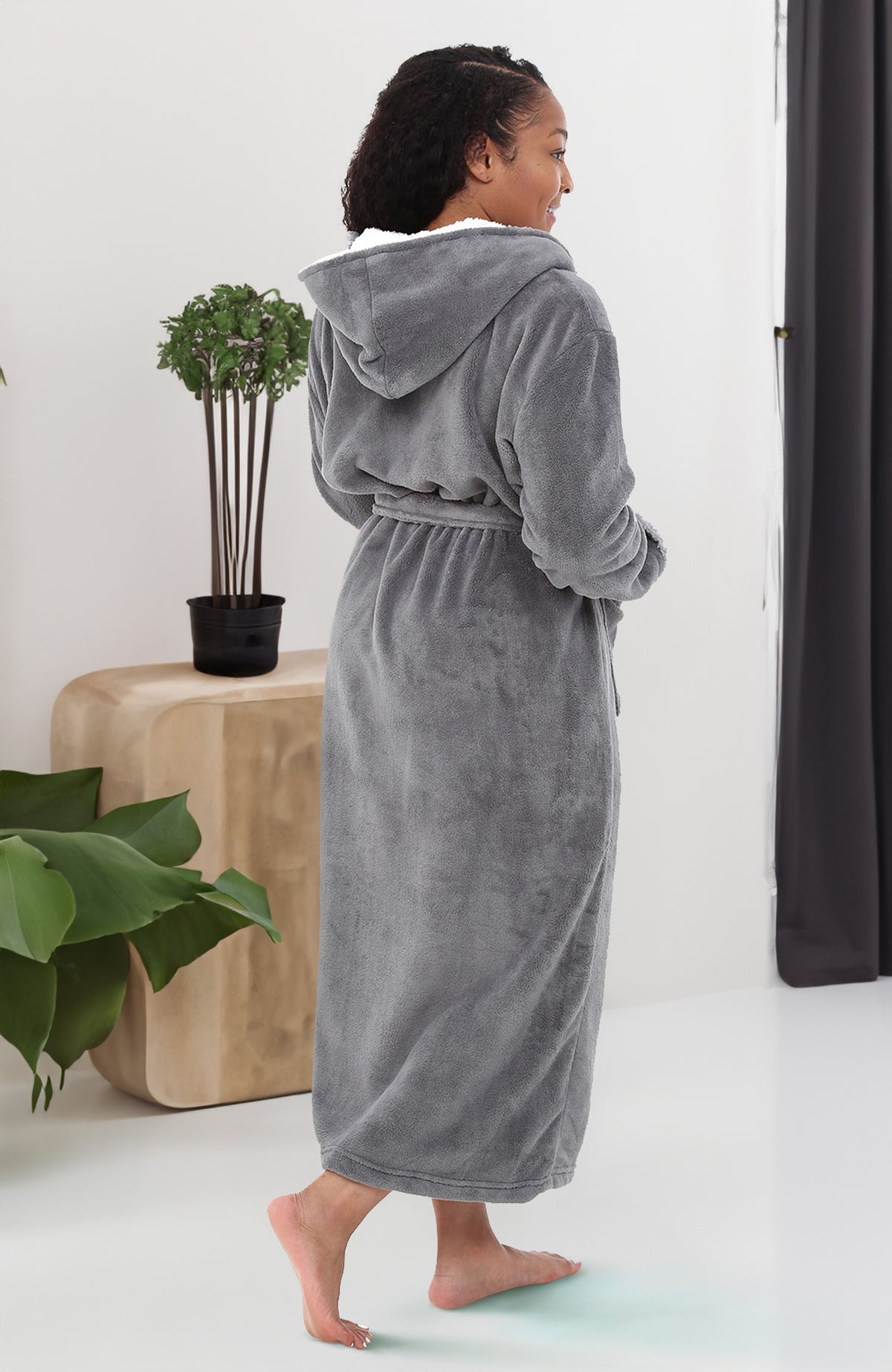 Women's Steel Gray with Light Gray Warm Fleece Sherpa Robe with Hood, Long Plush Hoodie Sherpa Bathrobe
