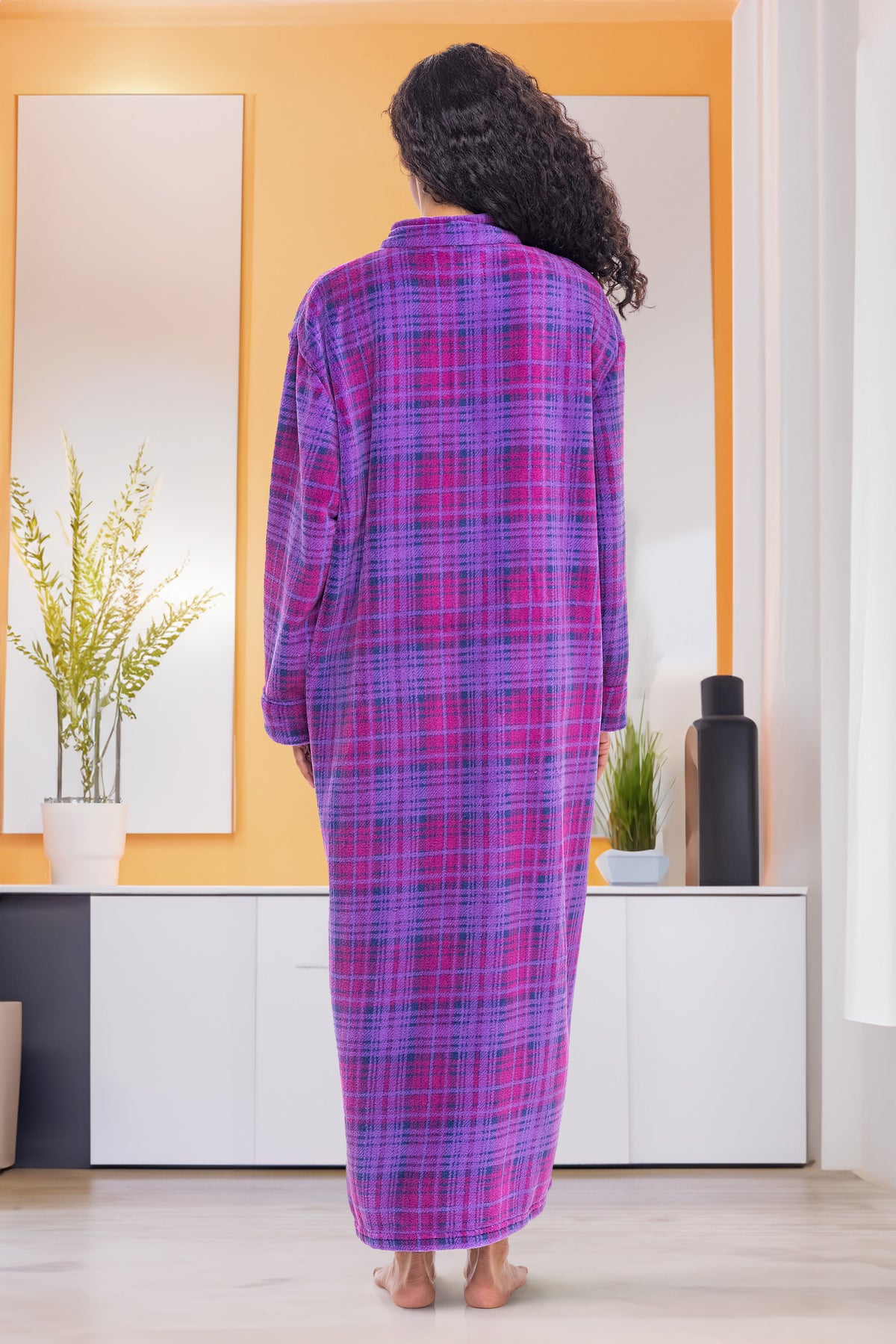 Women's Purple Plaid Zip Up Plush Robe, Oversized Bathrobe with Two Way Zipper