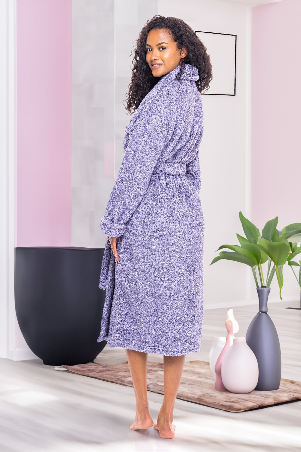 Women's Heathered Lavender Plush Fleece Robe, Shaggy Feather Bathrobe