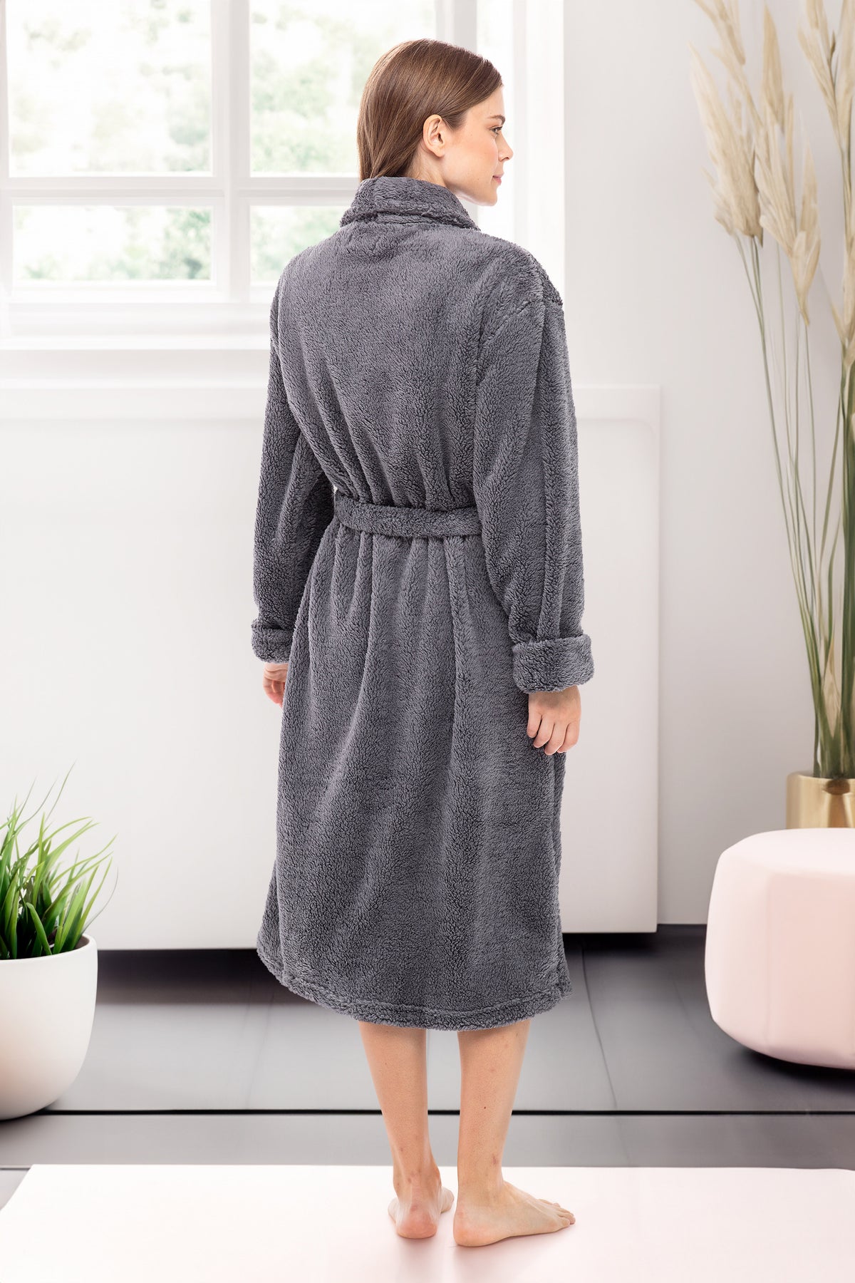 Women's Steel Gray Plush Fleece Robe, Shaggy Feather Bathrobe