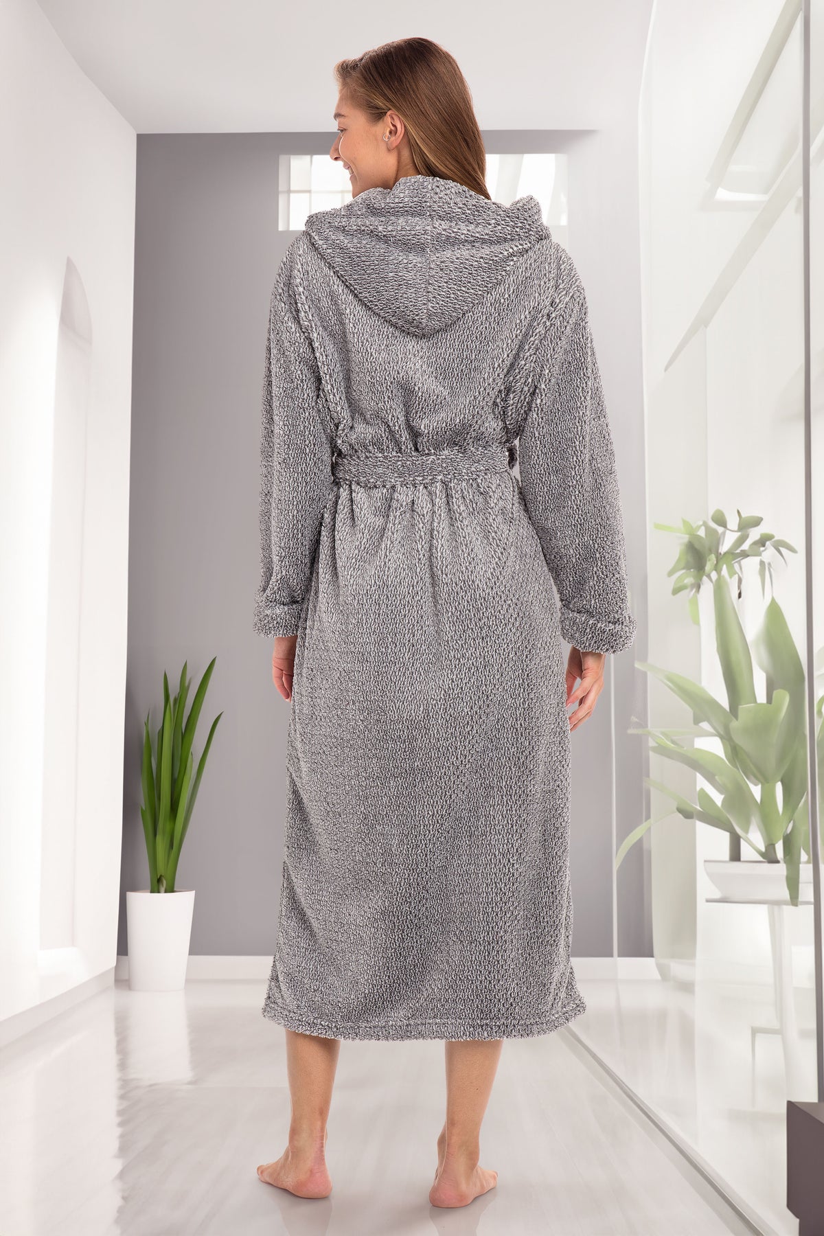 Women's Jacquard Gray Plush Fleece Hooded Robe, Shaggy Feather Long Bathrobe