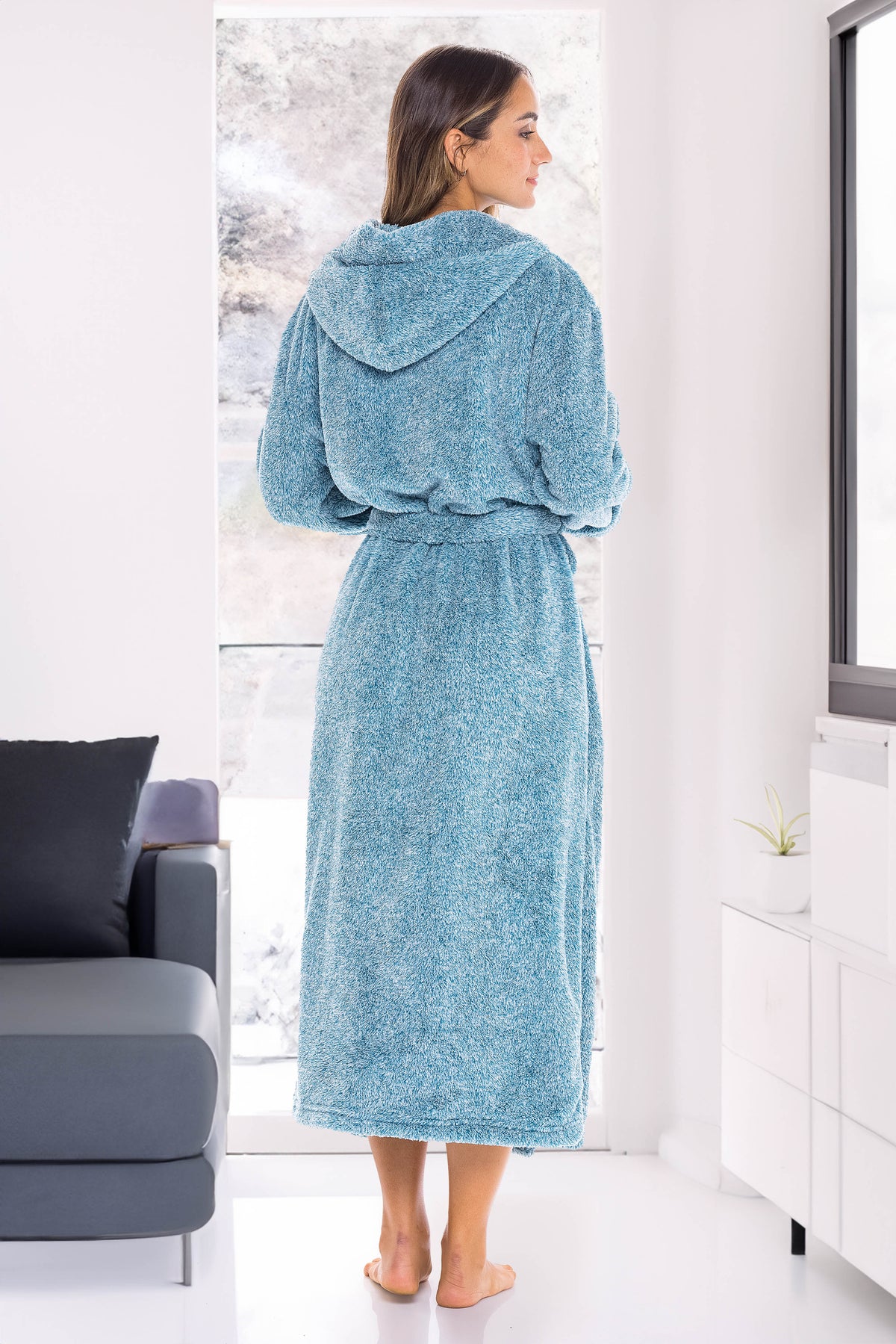 Women's Heathered Turquoise Plush Fleece Hooded Robe, Shaggy Feather Long Bathrobe