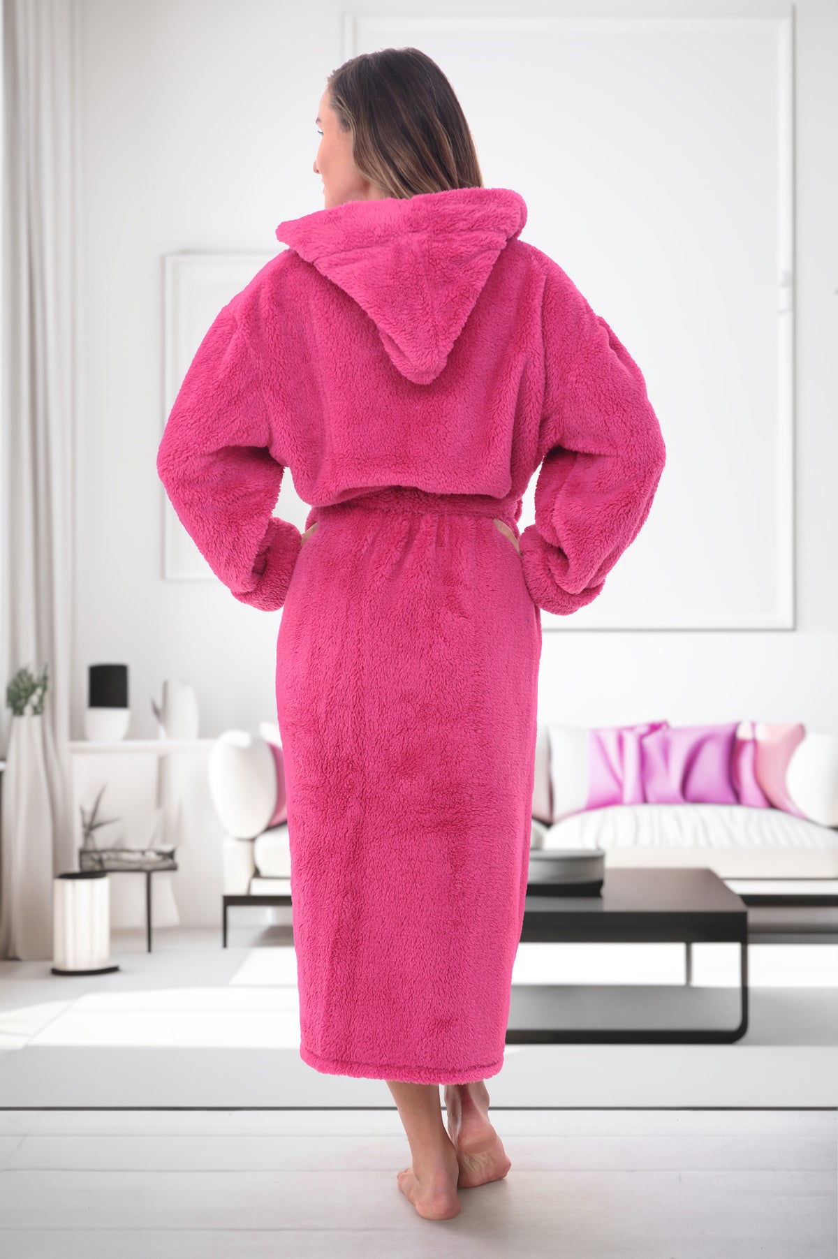 Women's Magenta Pink Plush Fleece Hooded Robe, Shaggy Feather Long Bathrobe