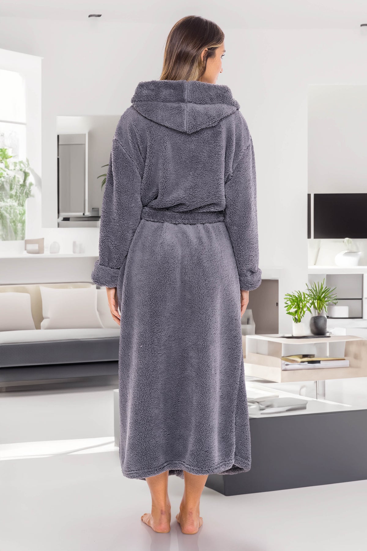 Women's Steel Gray Plush Fleece Hooded Robe, Shaggy Feather Long Bathrobe