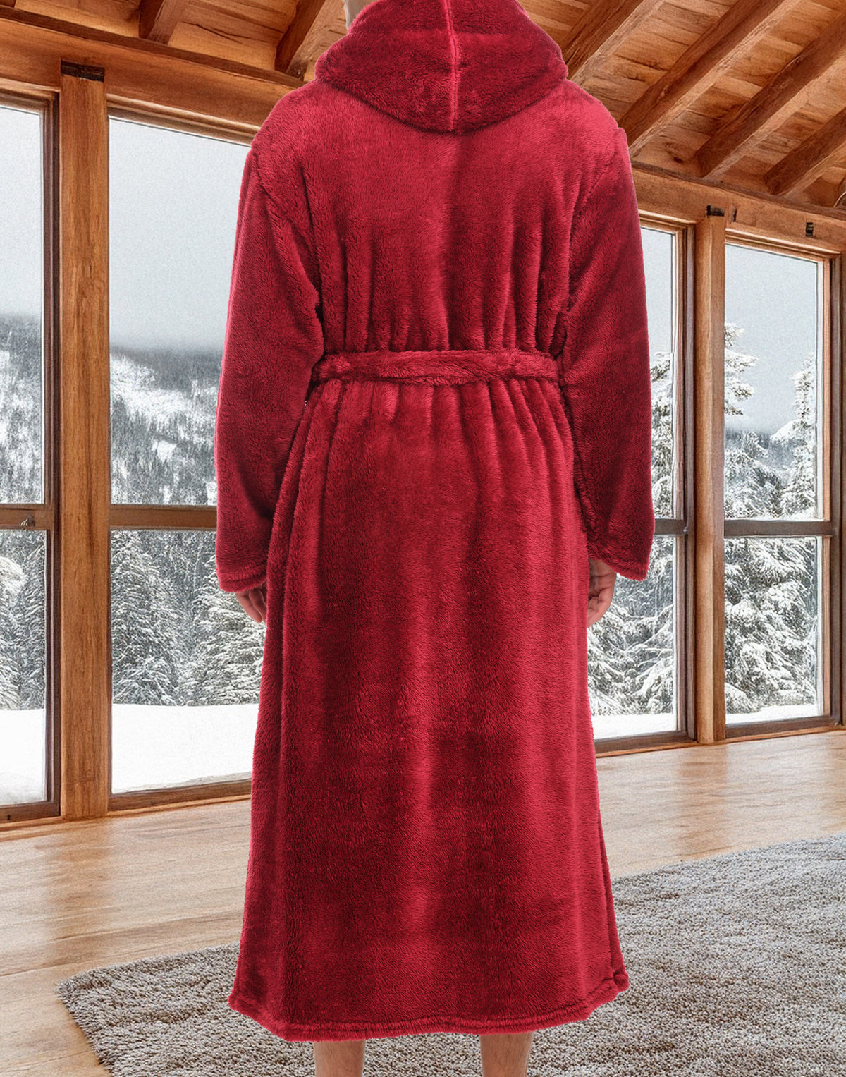 Mens Burgundy Robe, Sherpa Fleece Hooded Bathrobe, Big and Tall Bath Robe for Men