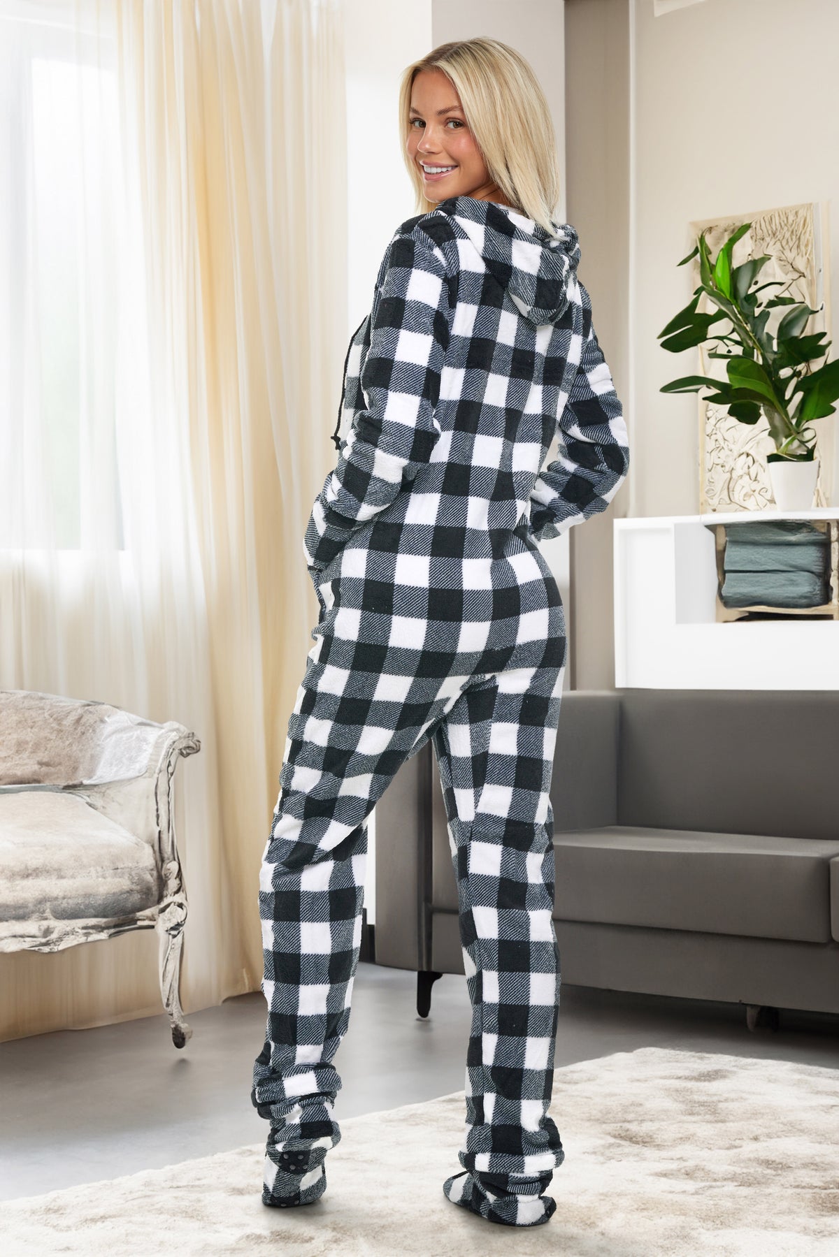 Women's Buffalo Check White Black Plaid Hooded Footed Pajamas, Plush Adult Onesie, Winter PJs with Hood