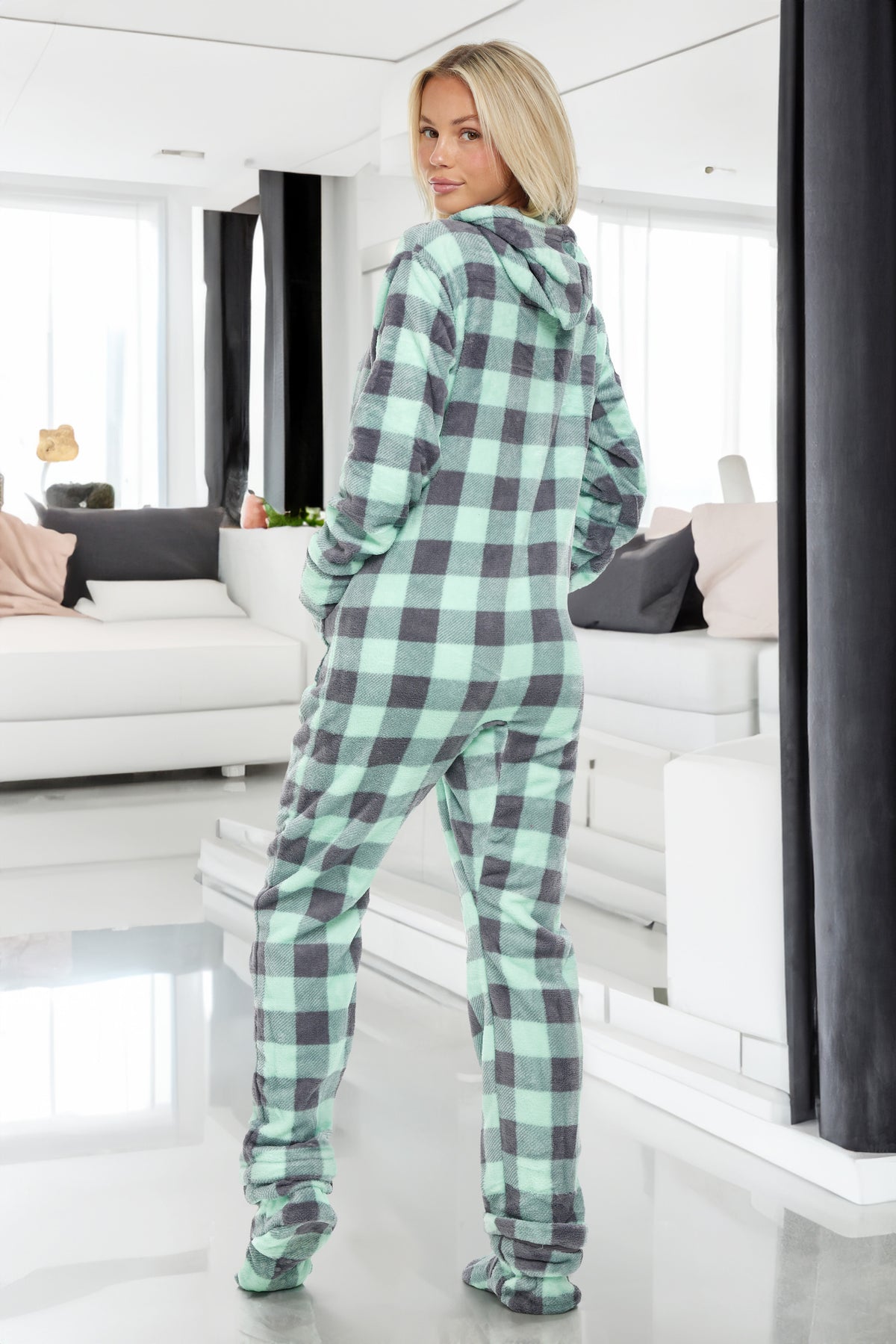 Women's Buffalo Check Sage Plaid Hooded Footed Pajamas, Plush Adult Onesie, Winter PJs with Hood