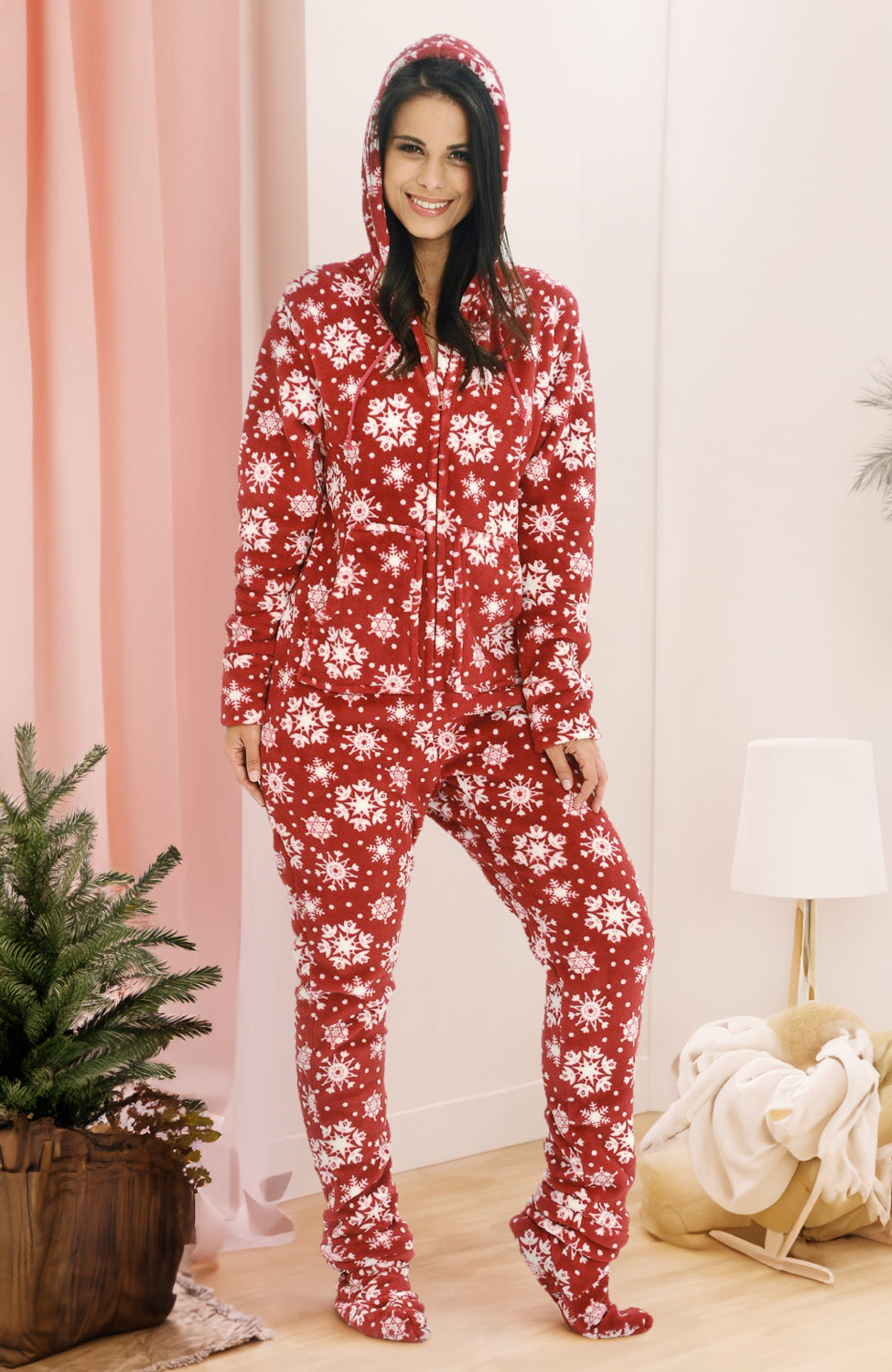 Women's Red Snowflake Hooded Footed Pajamas, Plush Adult Onesie, Winter PJs with Hood