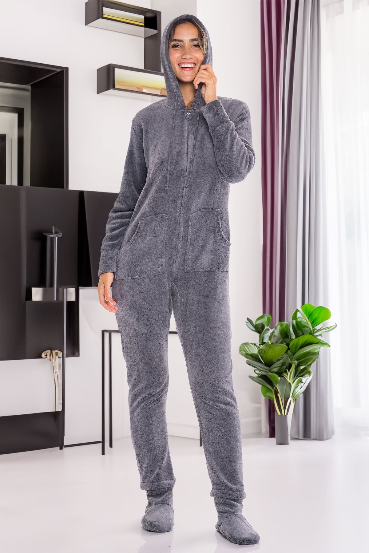 Women's Steel Gray Hooded Footed Pajamas, Plush Adult Onesie, Winter PJs with Hood