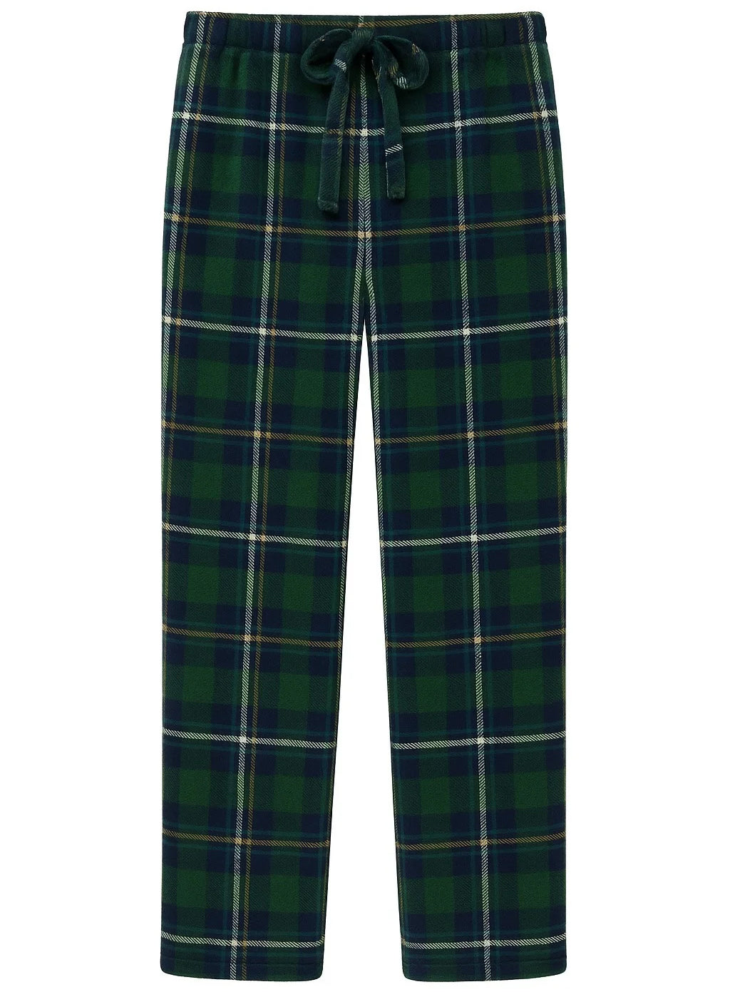 Men's Hunter Green Plaid Soft Plush Fleece Pajama Pants, Warm Long Lounge Bottoms