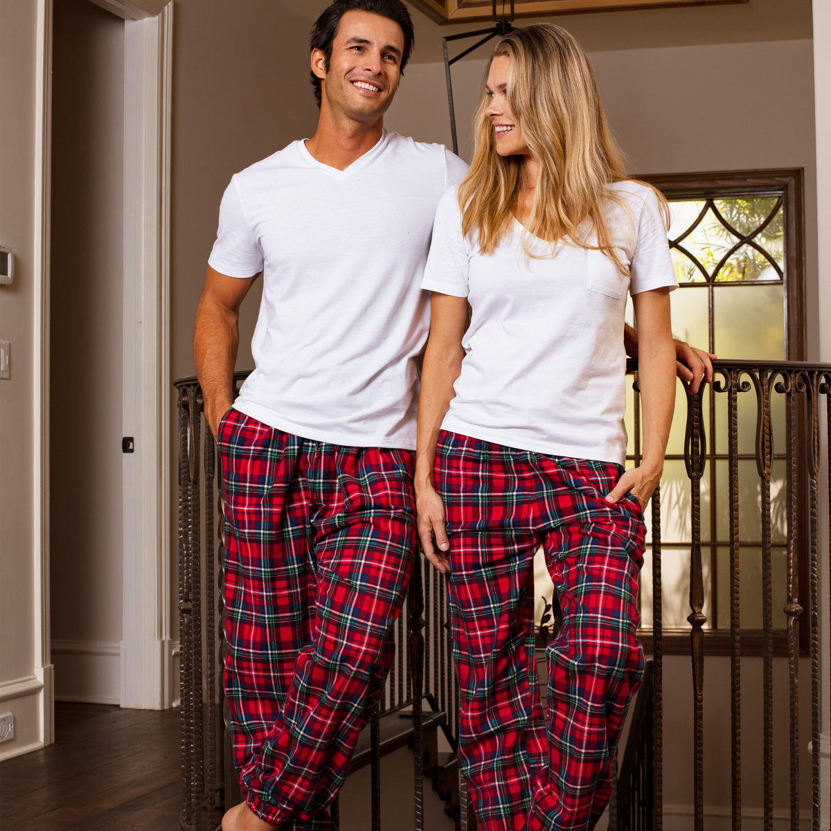Men's Red Black Plaid Cotton Flannel Pajama Pants, Winter Joggers