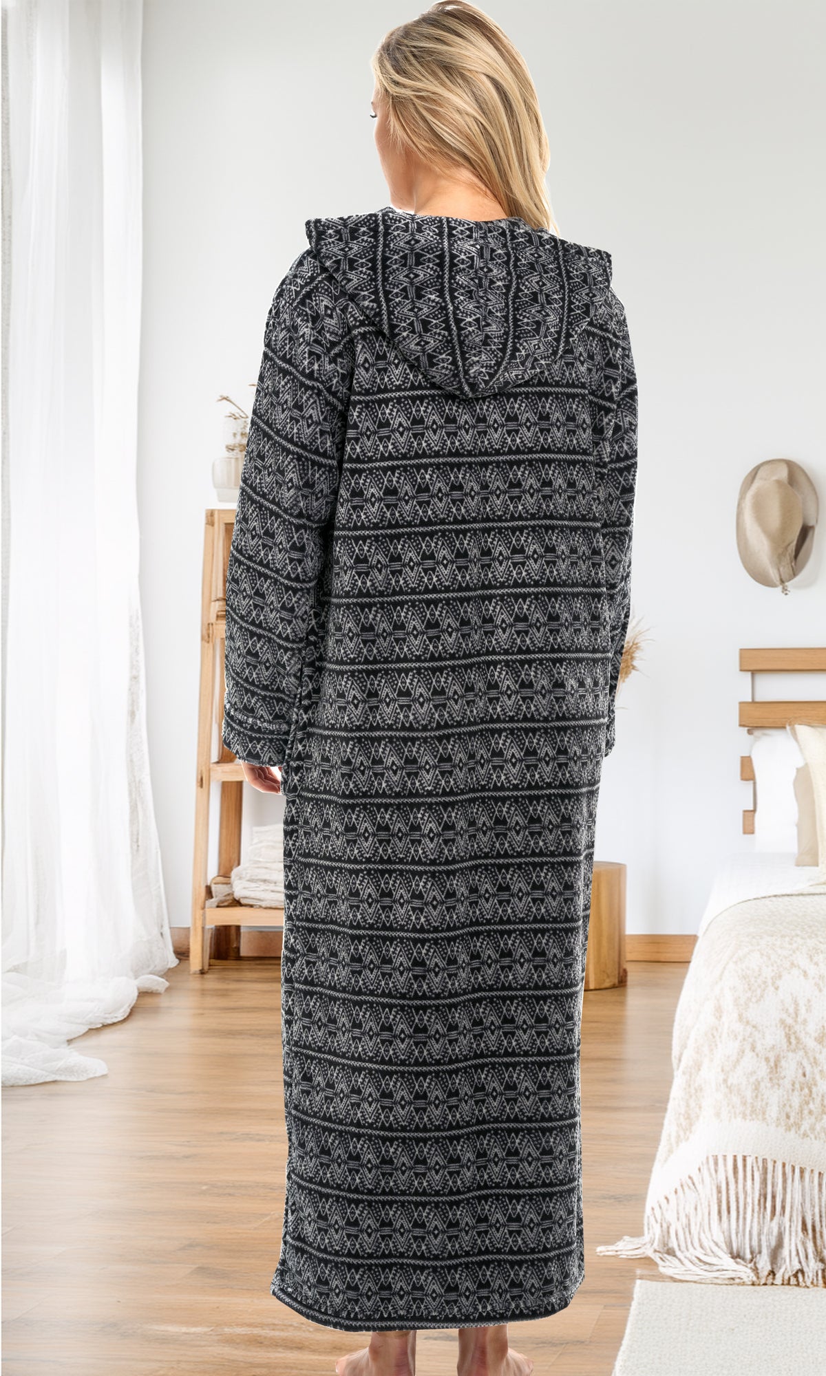 Women's Moroccan Pattern Zip Up Fleece Robe with Hood, Oversized Hooded Bathrobe with Two Way Zipper