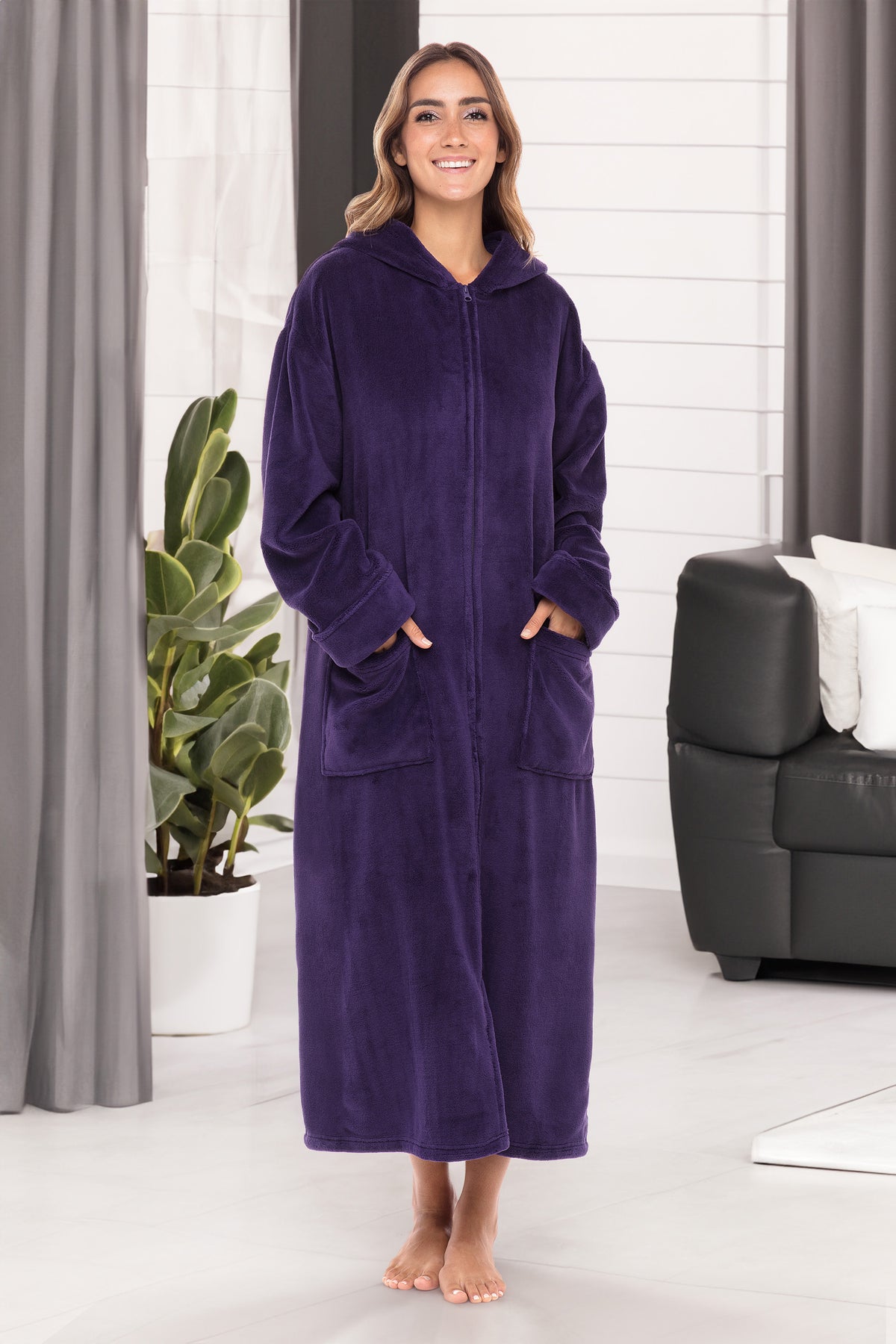 Women's Purple Zip Up Fleece Robe with Hood, Oversized Hooded Bathrobe with Two Way Zipper