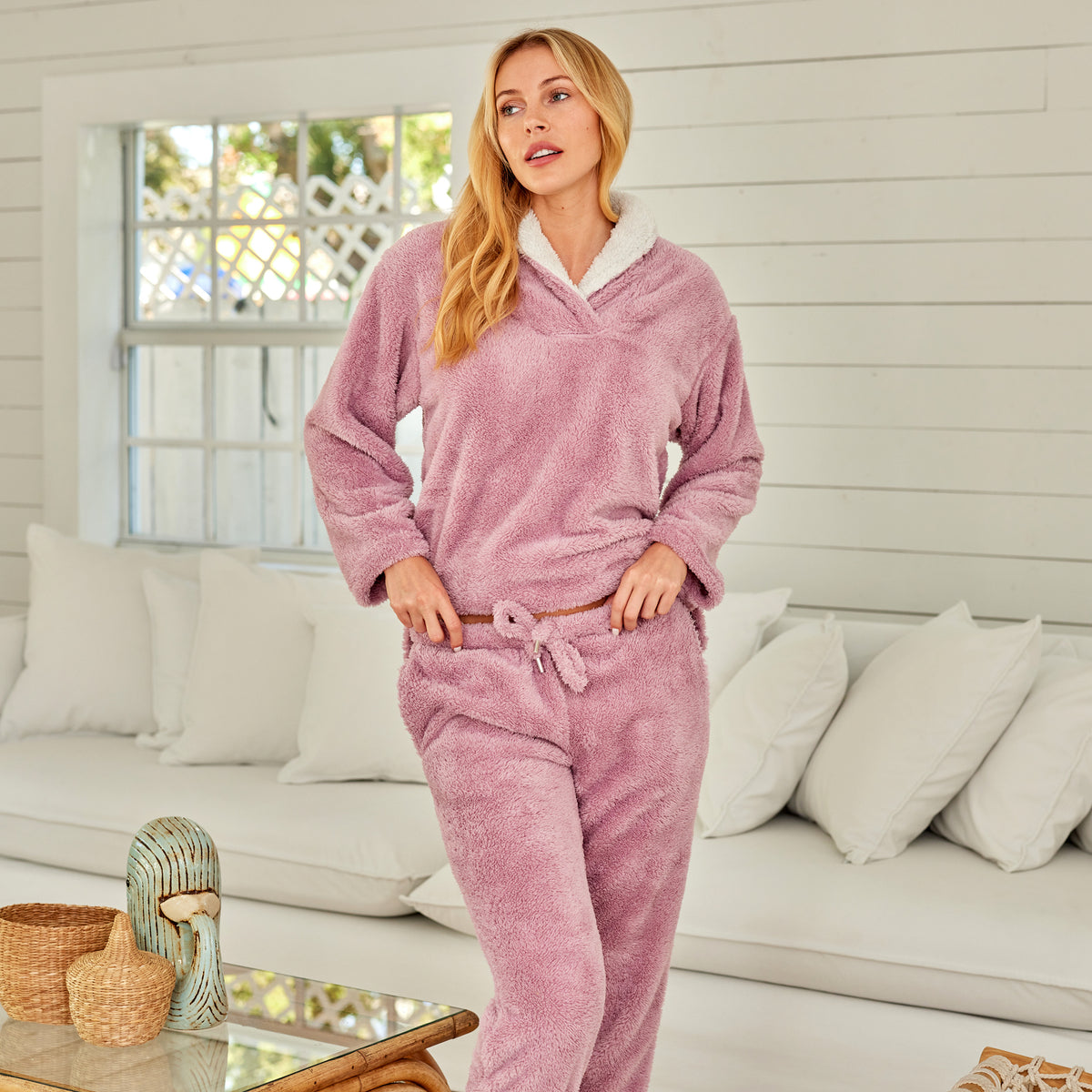 Women's Light Gray Plush, Oversized Fleece Pajamas Set, Joggers with Pockets, Drawstring and Elastic Waist