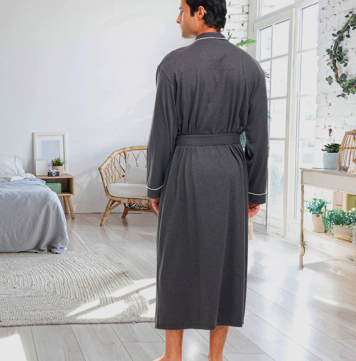 Mens Dark Heathered Gray - 5 ft 5 in & Taller Long Knit Lounge Robe with Pockets