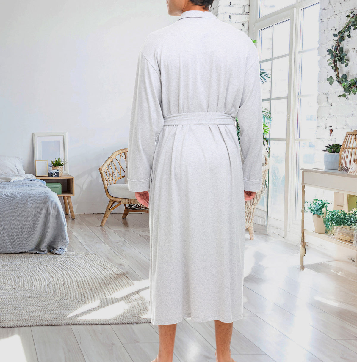 Mens Light Heathered Gray - 5 ft 5 in & Taller Long Knit Lounge Robe with Pockets