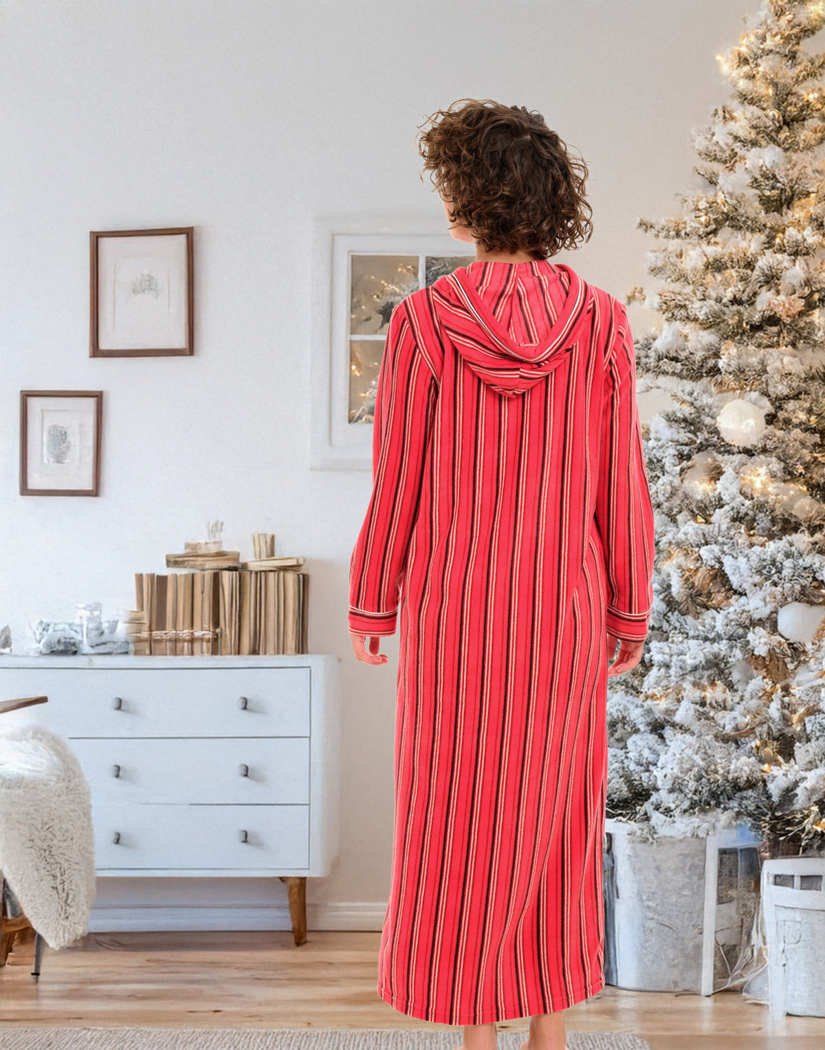 Cabin Stripe Fleece Nightgown for Women – Full Length with Zipper & Hood