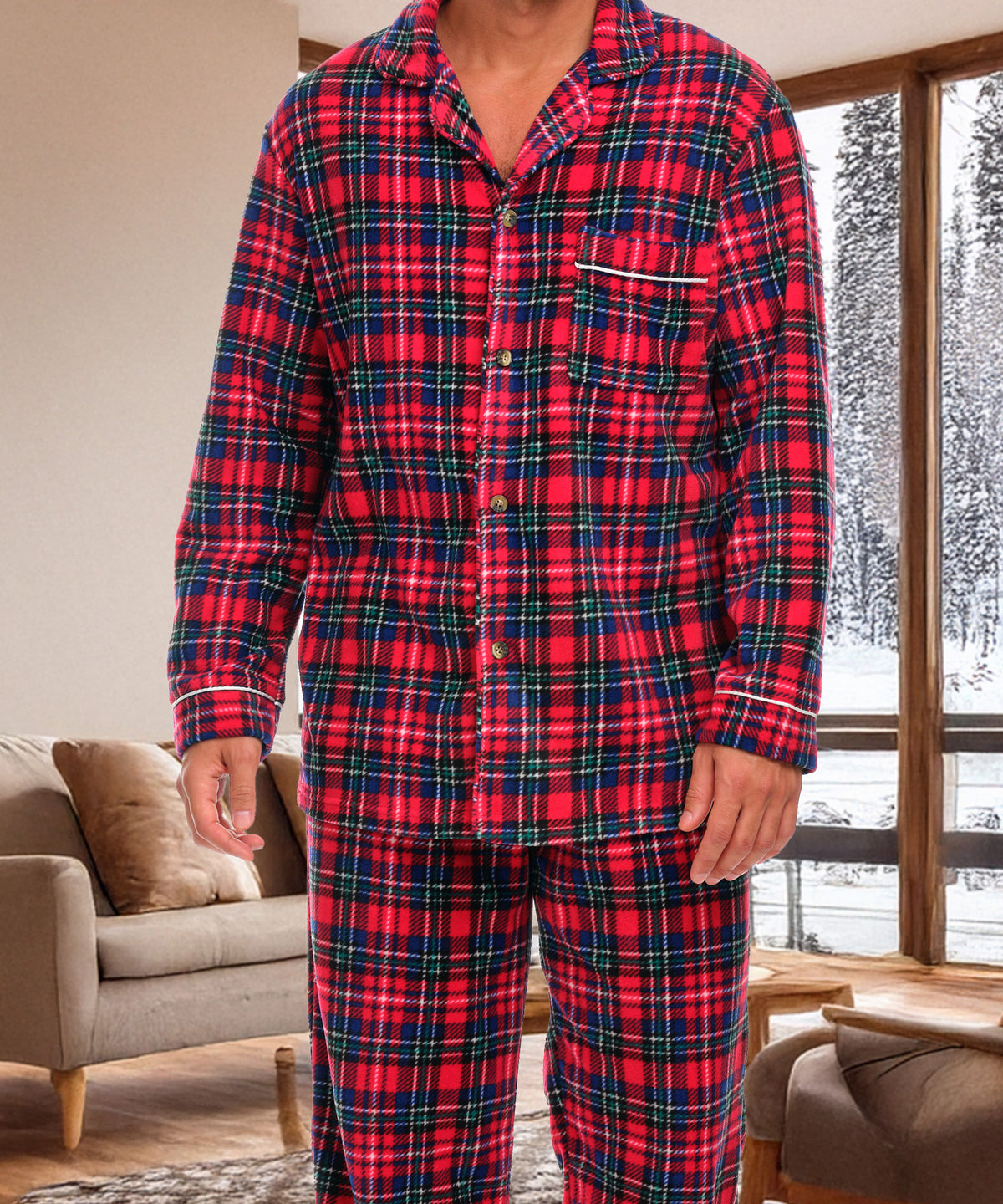 Christmas Plaid Lightweight Fleece Pajamas for Men, Long Sleeve Button Up PJ Set with Pockets