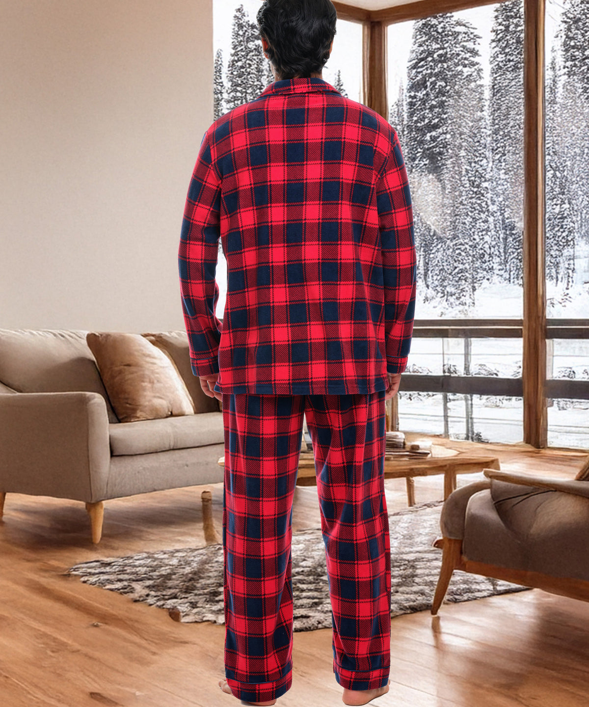 Red and Navy Plaid Lightweight Fleece Pajamas for Men, Long Sleeve Button Up PJ Set with Pockets