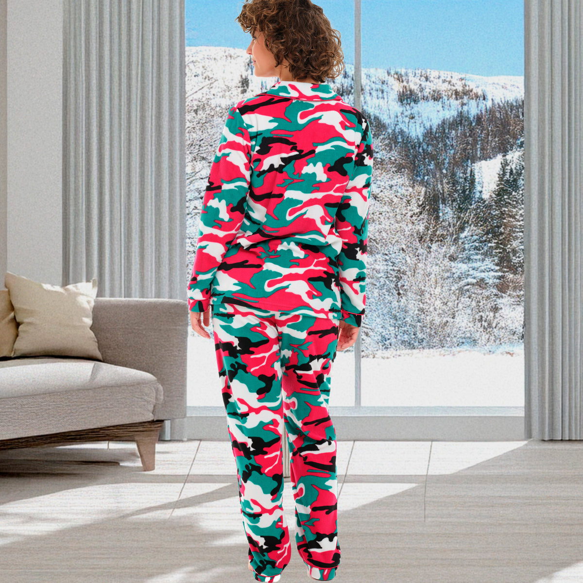 Christmas Camouflage Lightweight Fleece Pajamas for Women, Long Sleeve Button Up PJ Set with Pockets