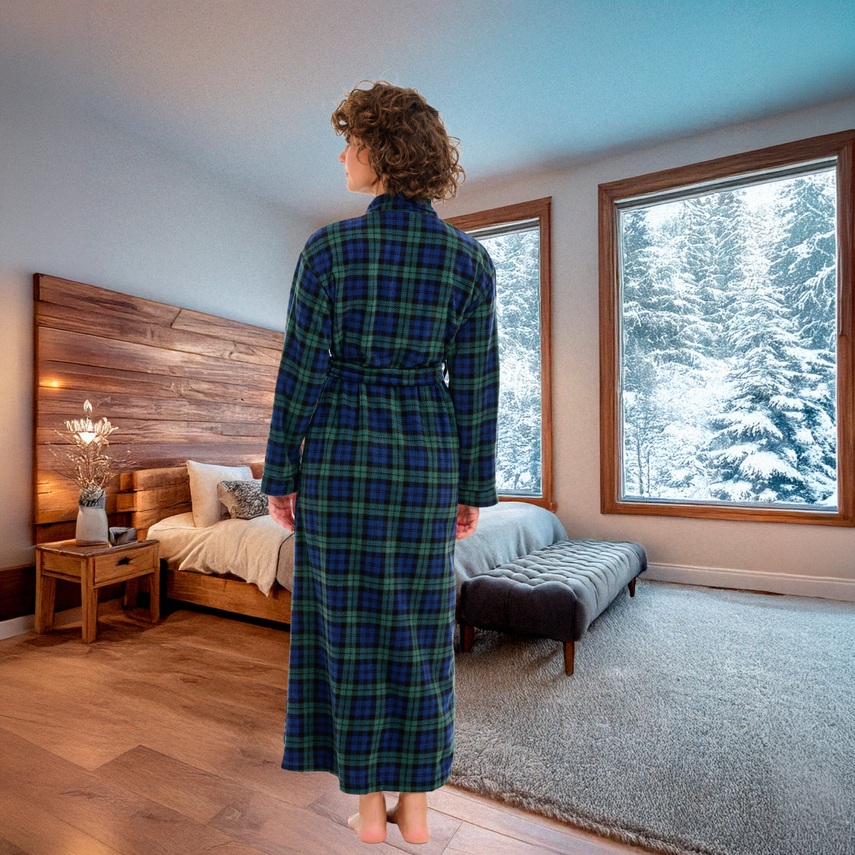 Women's Black Watch Tartan Plaid Lightweight Fleece Robe – Long Sleeve, Calf Length with Pockets