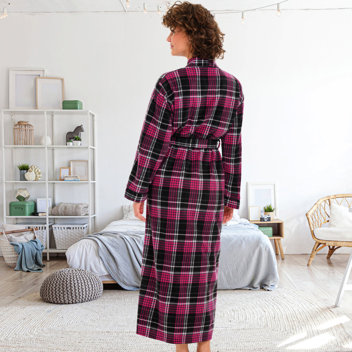 Women's Shadow Rose Plaid Lightweight Fleece Robe – Long Sleeve, Calf Length with Pockets
