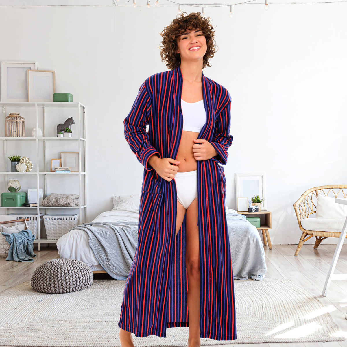 Women's Cranberry Navy Stripe Lightweight Fleece Robe – Long Sleeve, Calf Length with Pockets