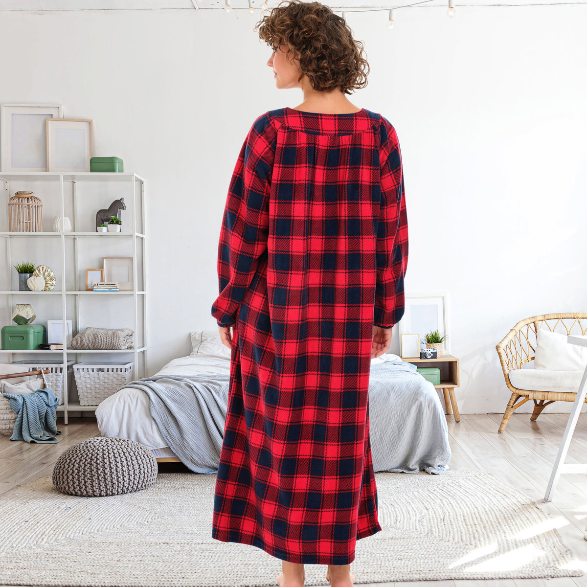 Women's Red and Navy Plaid Polar Fleece Nightgown, Sleep Dress, Long Sleep Shirt