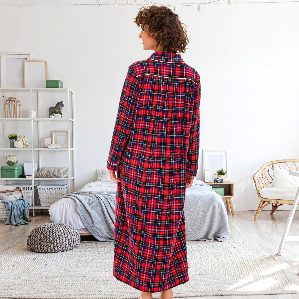 Women's Christmas Plaid Polar Fleece Nightgown, Long Button Up Sleep Shirt