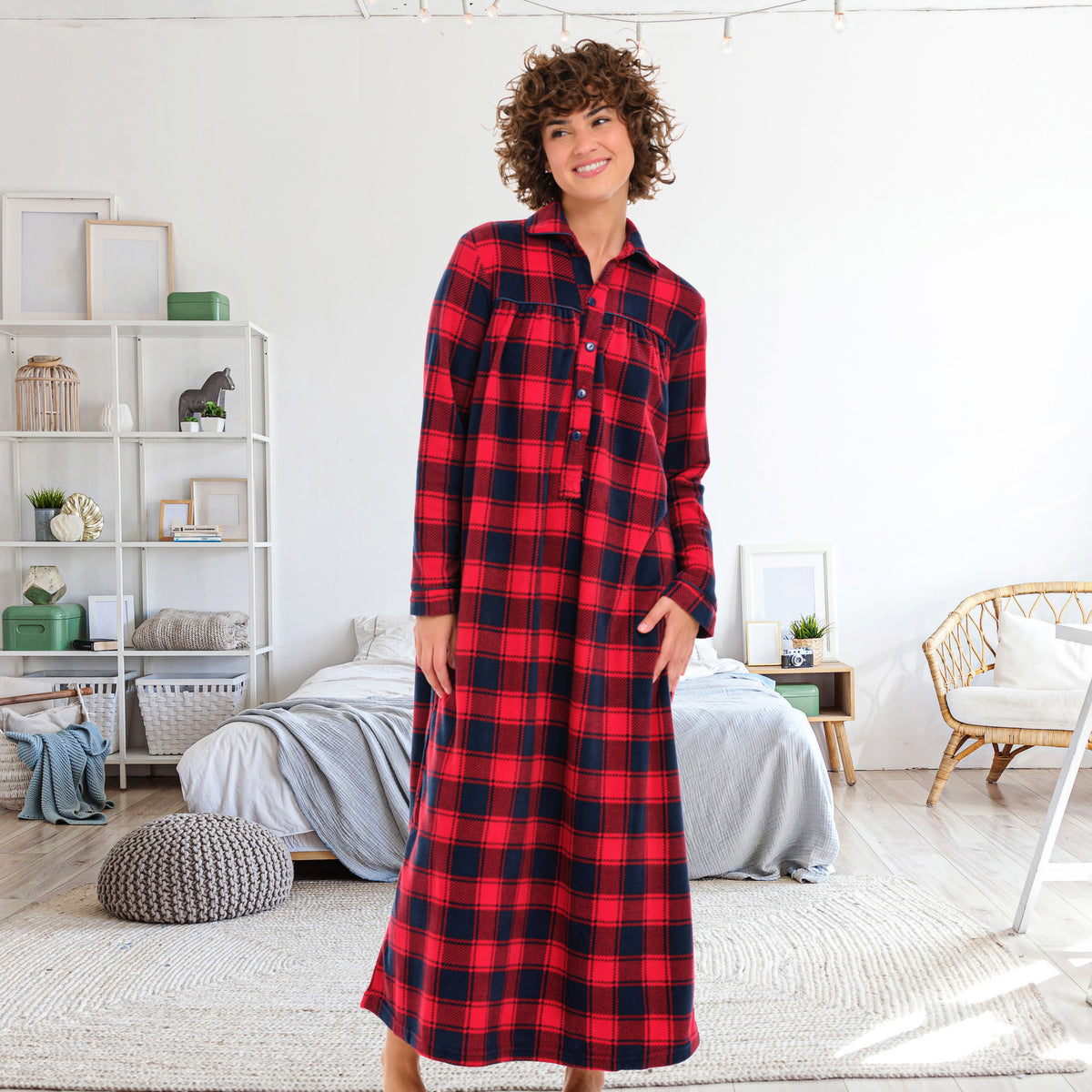 Women's Red and Navy Plaid Polar Fleece Nightgown, Long Button Up Sleep Shirt