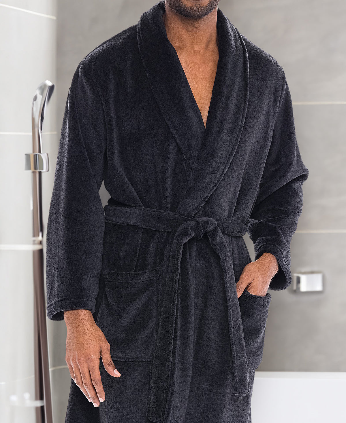Men's Black Classic Winter Robe, Plush Fleece Bathrobe