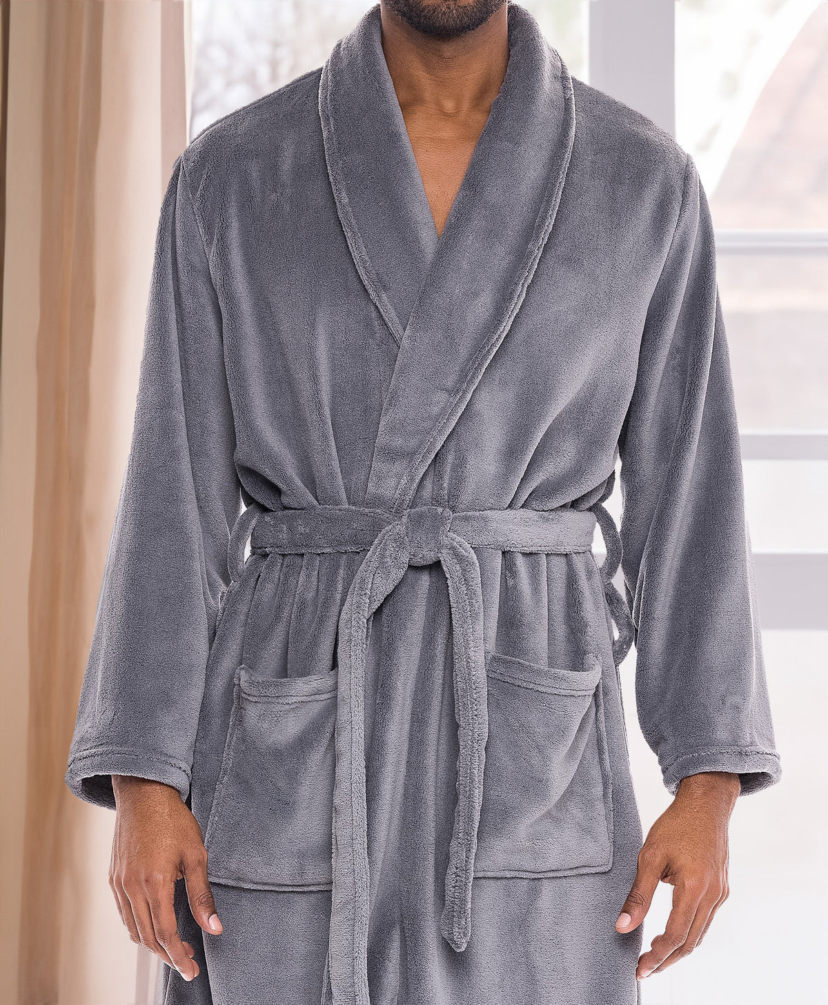 Men's Steel Gray Classic Winter Robe, Plush Fleece Bathrobe