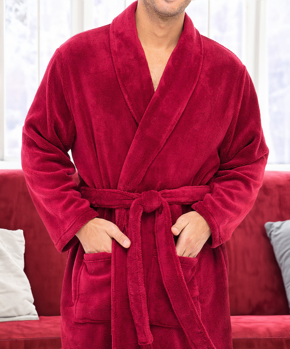 Men's Burgundy Classic Winter Robe, Plush Fleece Bathrobe