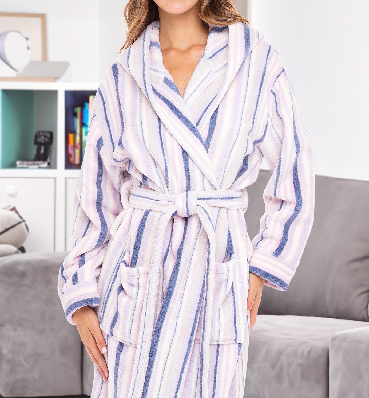 Striped Lavender Plush Fleece Robe for Women, Long Hooded Bathrobe with Hood, Plus Size