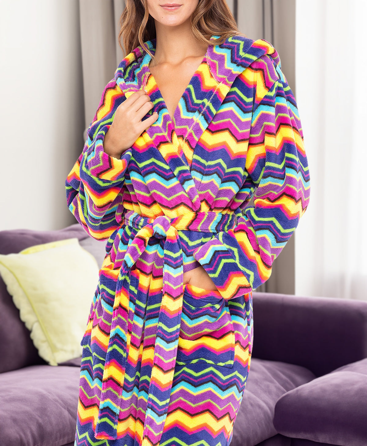 Psychedelic Chevron Fusion Plush Fleece Robe for Women, Long Hooded Bathrobe with Hood, Plus Size