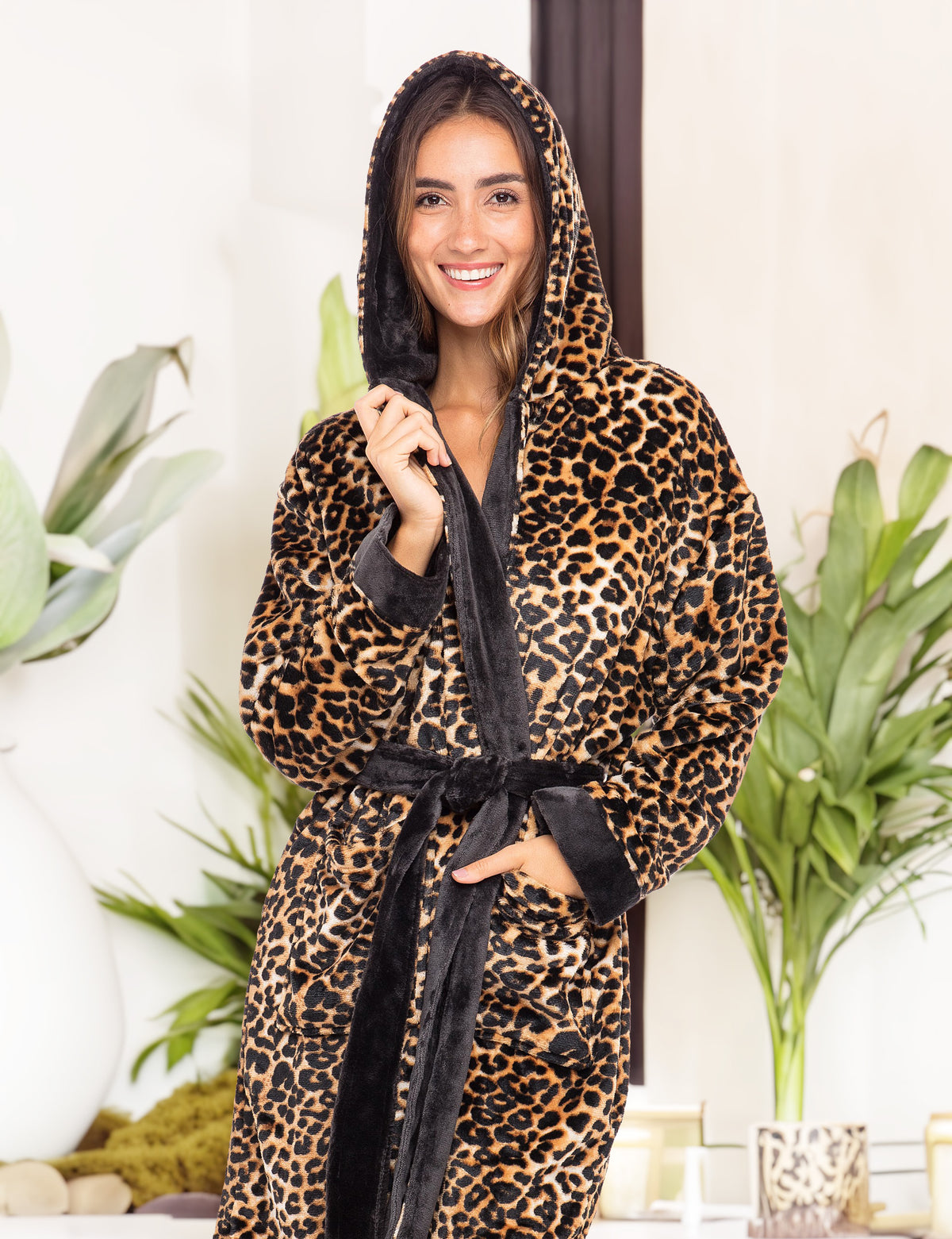 Leopard Print Plush Fleece Robe for Women, Long Hooded Bathrobe with Hood, Plus Size