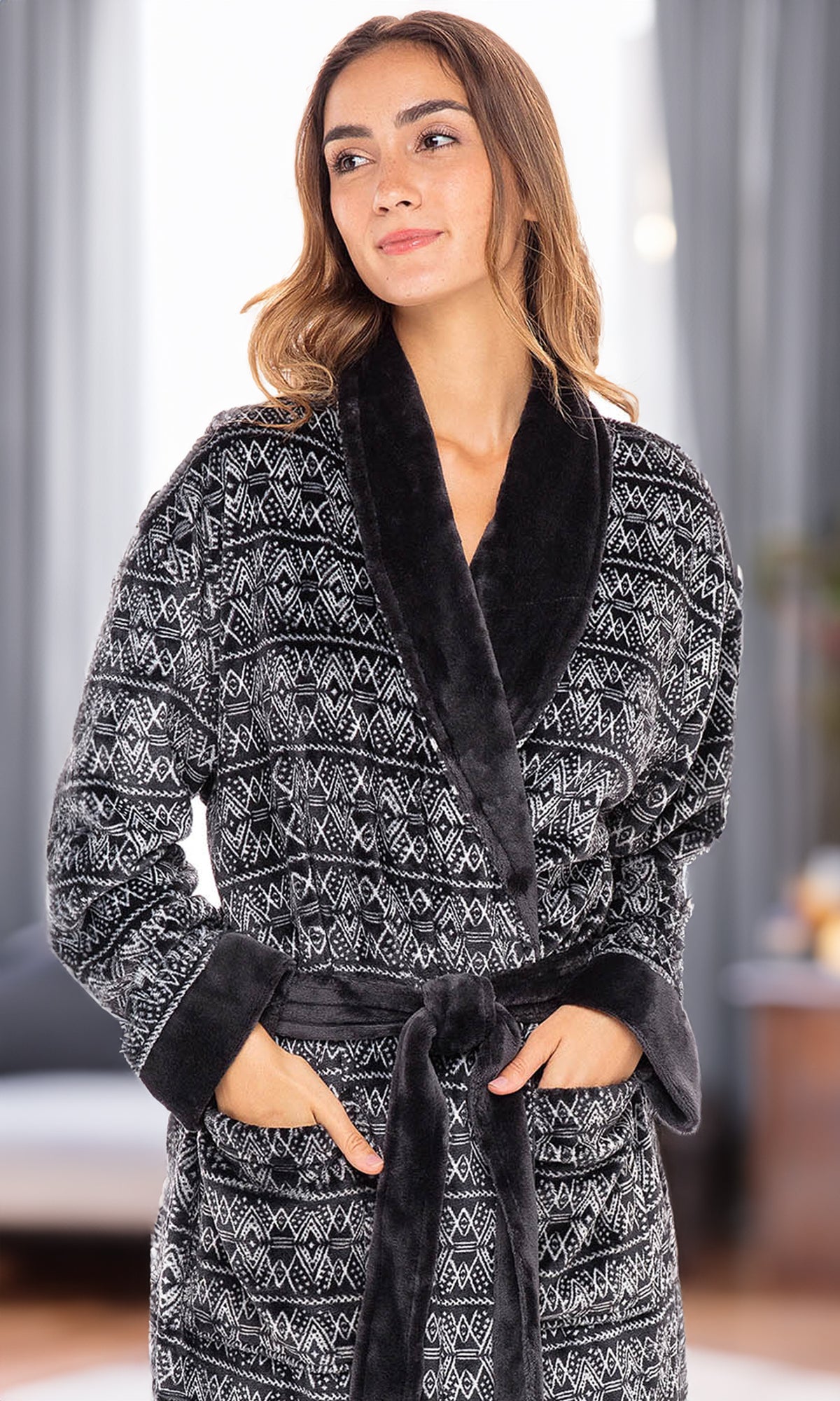 Moroccan Pattern Plush Striped Robe for Women, Long Fleece Plaid Winter Bath Robe, Plus Size