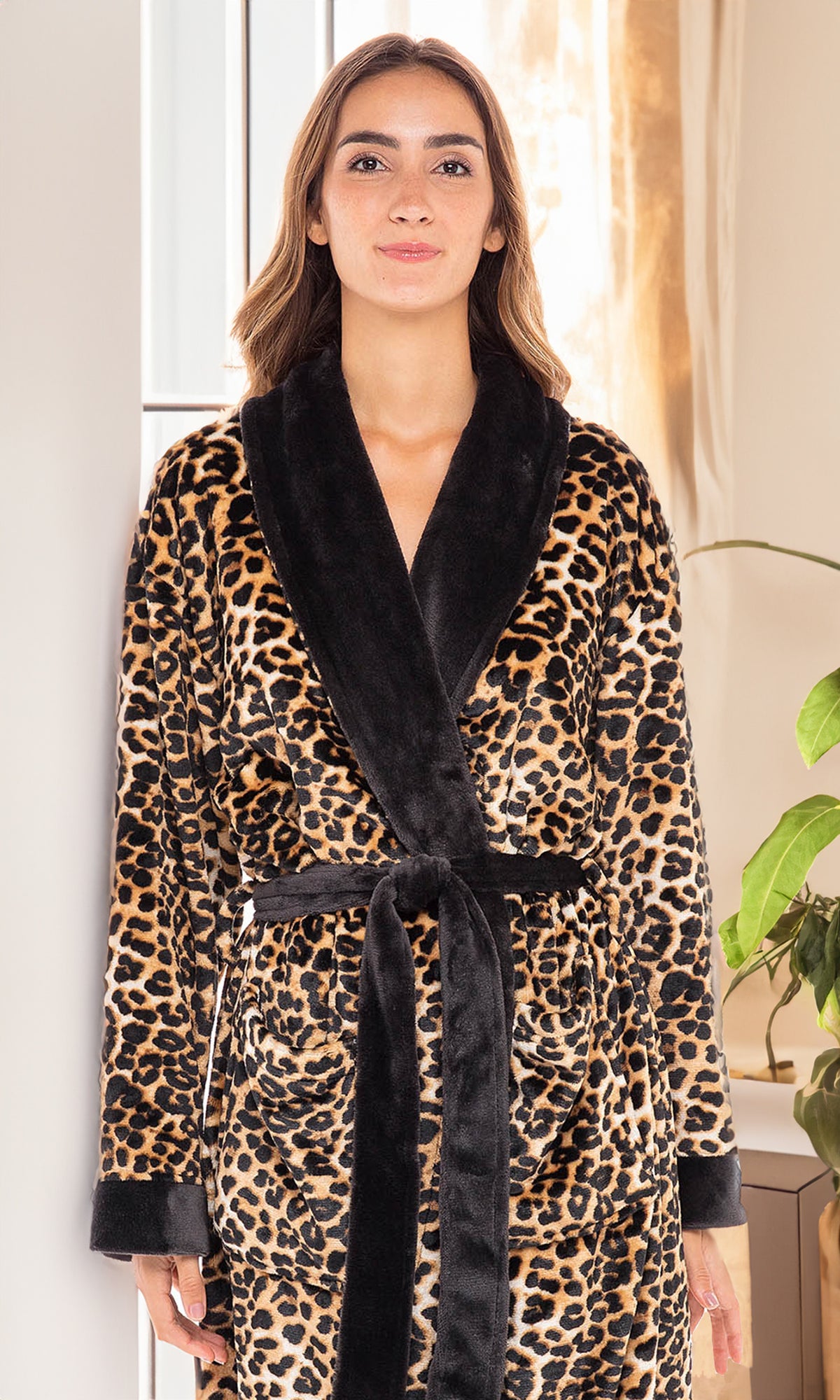Leopard Print Plush Striped Robe for Women, Long Fleece Plaid Winter Bath Robe, Plus Size