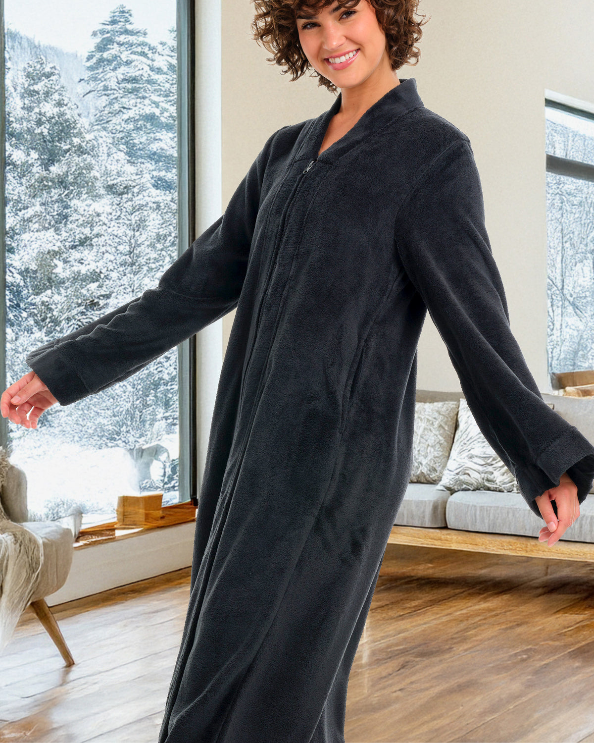 Womens Graphite Gray Zip Up Kimono Robe, Japanese Robe for Women