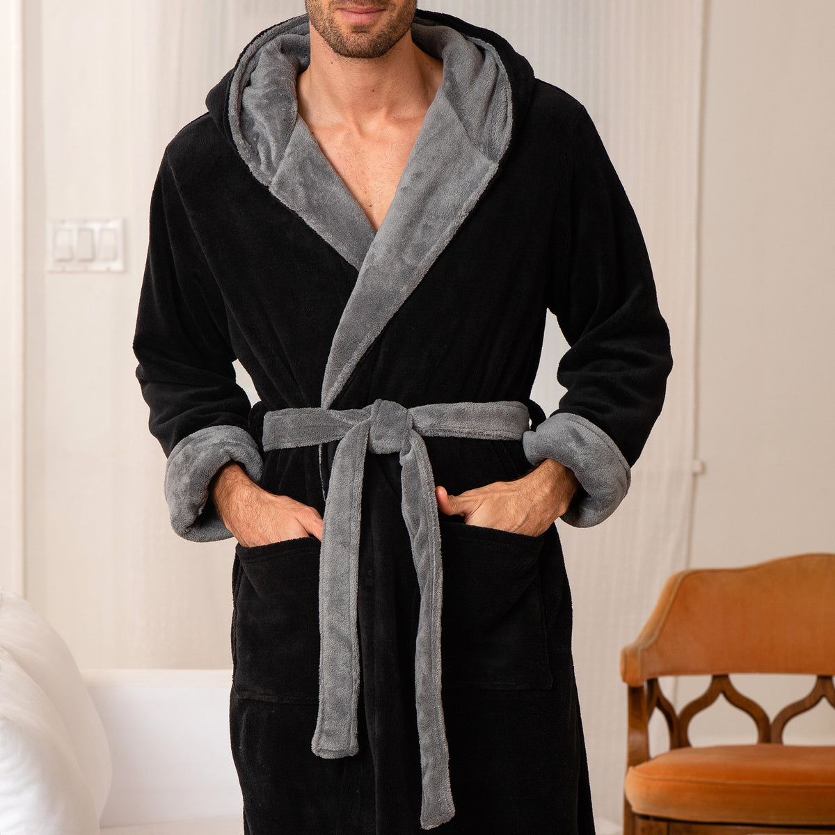 Men's Black with Gray Contrast Plush Fleece Hooded Bathrobe, Full Length Long Warm Lounge Robe with Hood