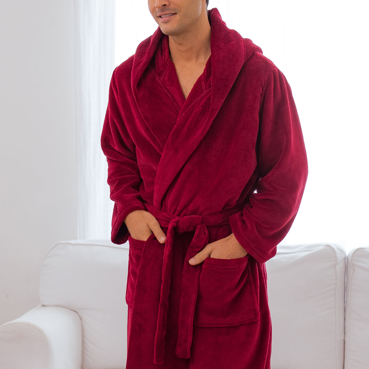 Men's Burgundy Plush Fleece Hooded Bathrobe, Full Length Long Warm Lounge Robe with Hood