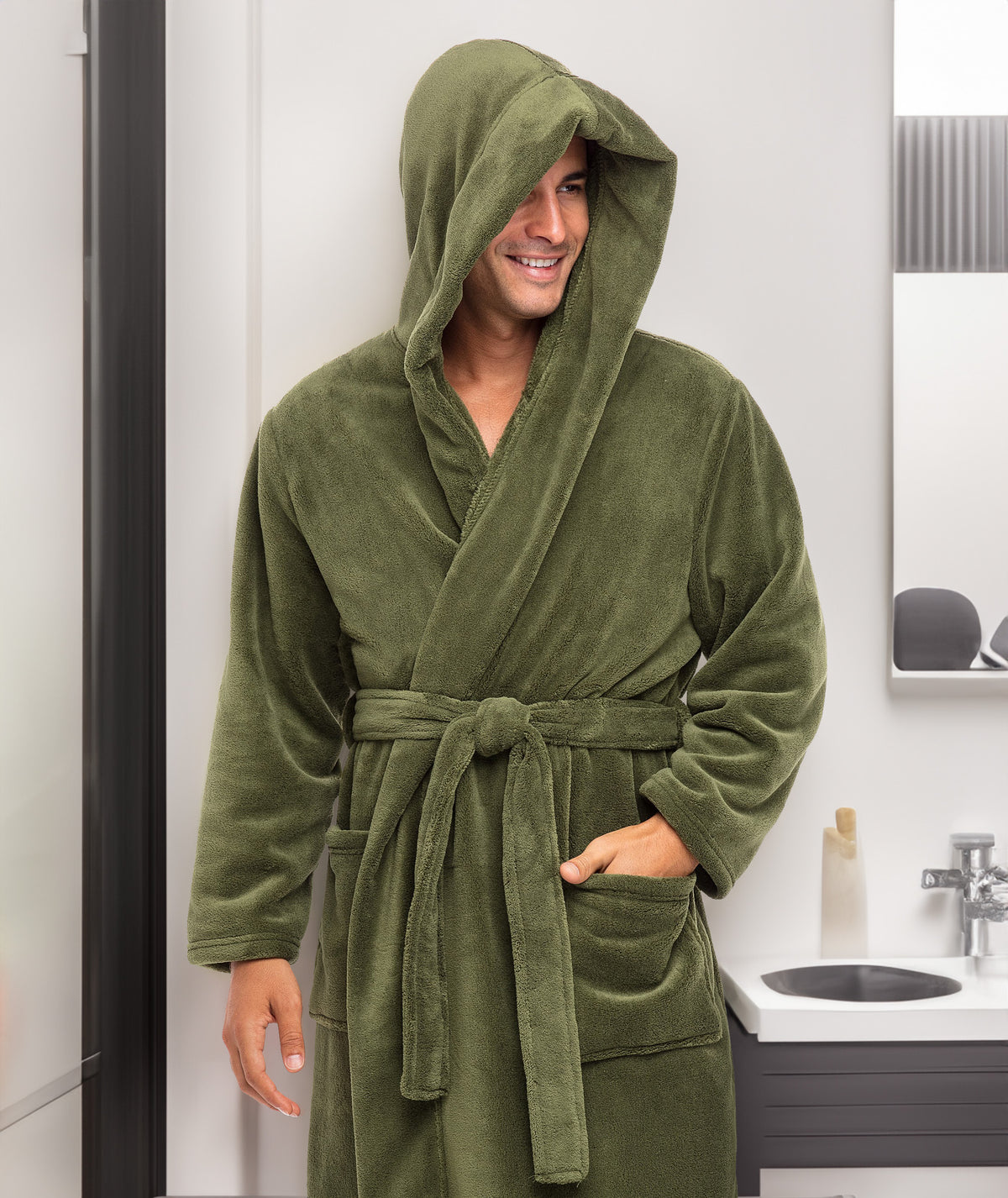 Men's Army Green Plush Fleece Hooded Bathrobe, Full Length Long Warm Lounge Robe with Hood