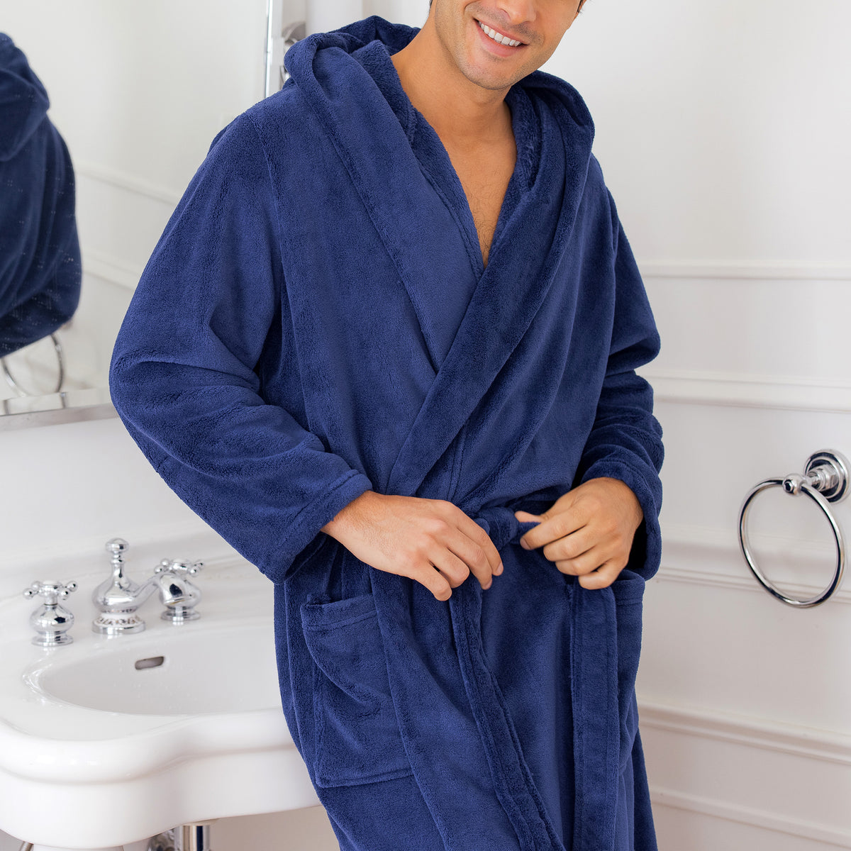 Men's Navy Blue Plush Fleece Hooded Bathrobe, Full Length Long Warm Lounge Robe with Hood