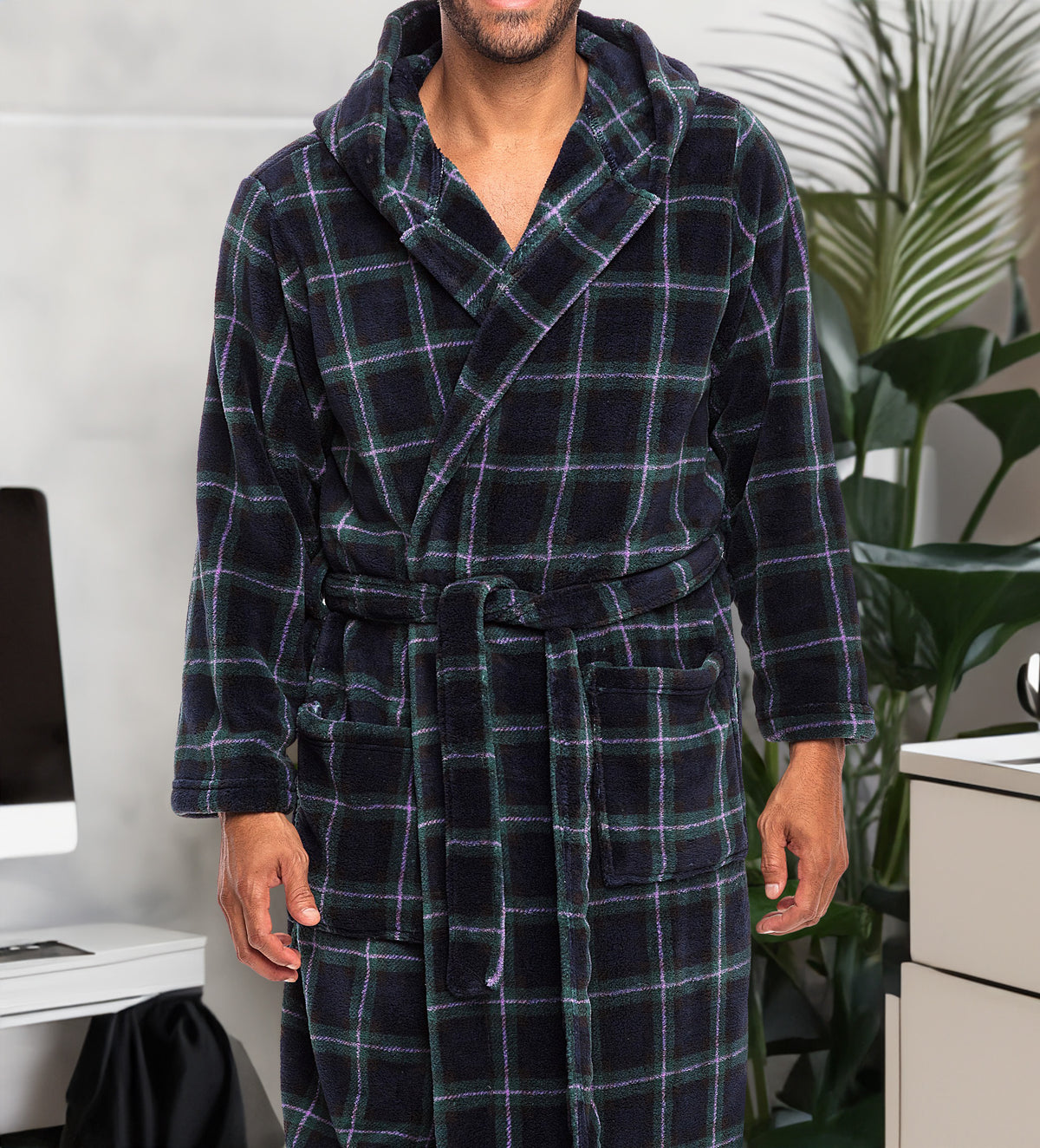 Men's Blue and Green Tartan Plaid Plush Fleece Hooded Bathrobe, Full Length Long Warm Lounge Robe with Hood